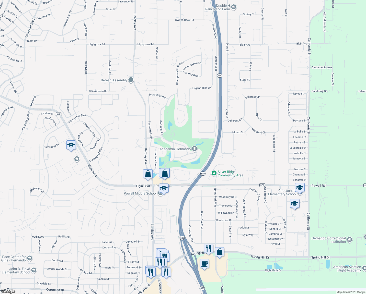 map of restaurants, bars, coffee shops, grocery stores, and more near 4489 Golf Club Lane in Spring Hill