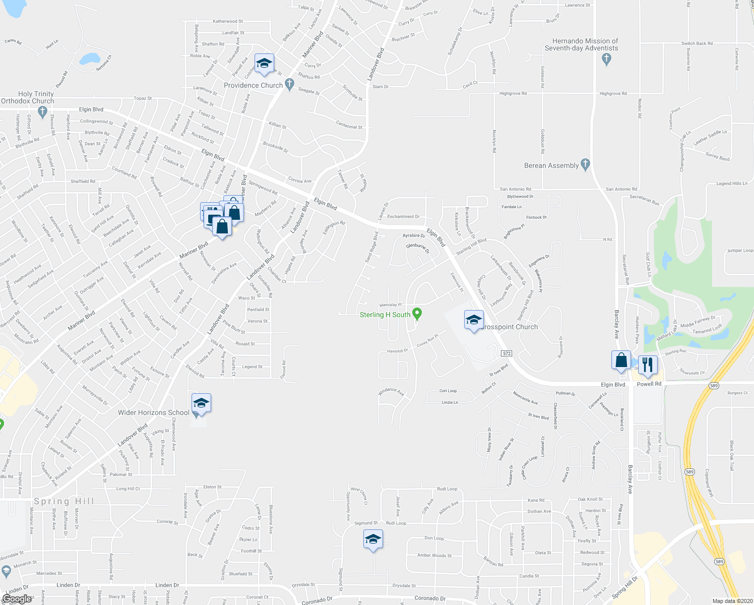 map of restaurants, bars, coffee shops, grocery stores, and more near 13459 Mandalay Place in Brooksville