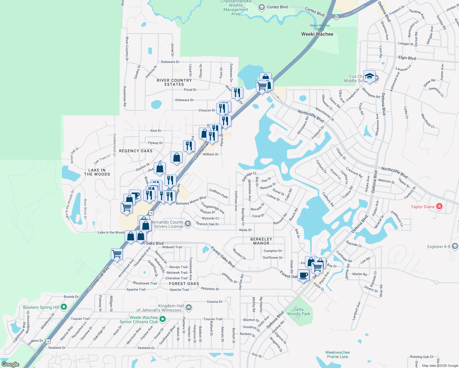 map of restaurants, bars, coffee shops, grocery stores, and more near Las Palmas Avenue in Spring Hill