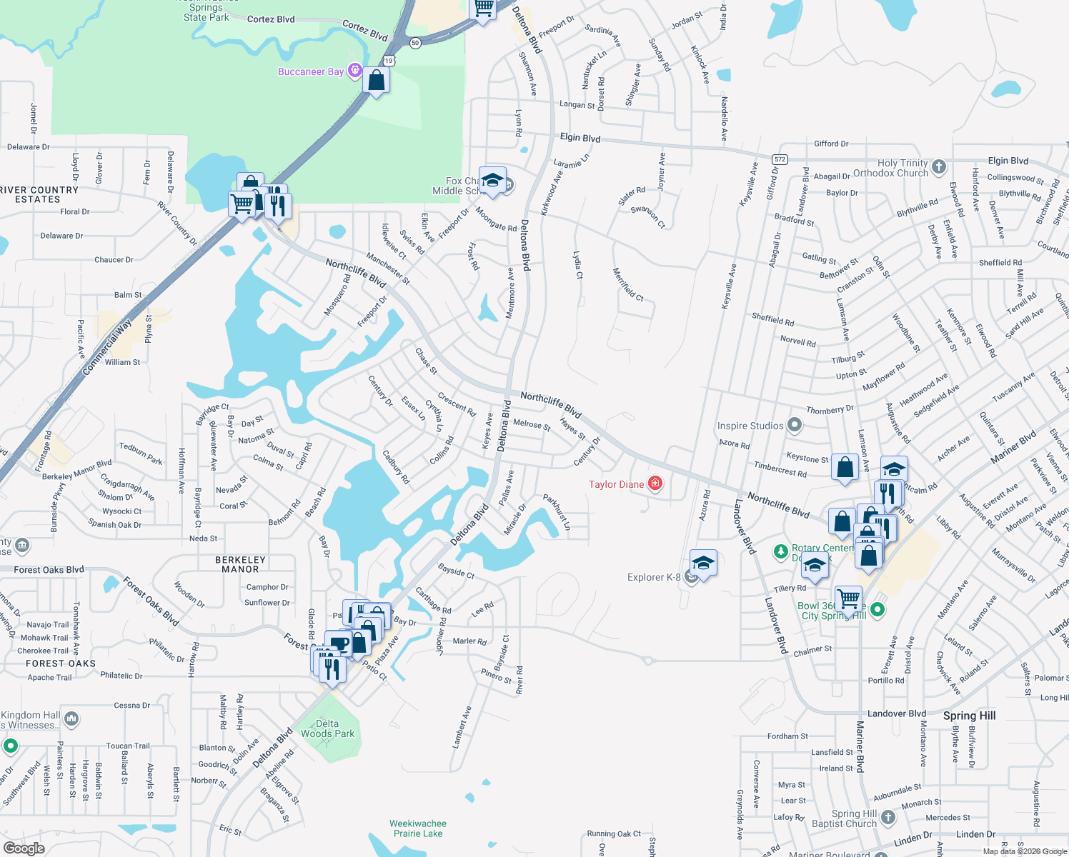 map of restaurants, bars, coffee shops, grocery stores, and more near 9422 Melrose Street in Spring Hill