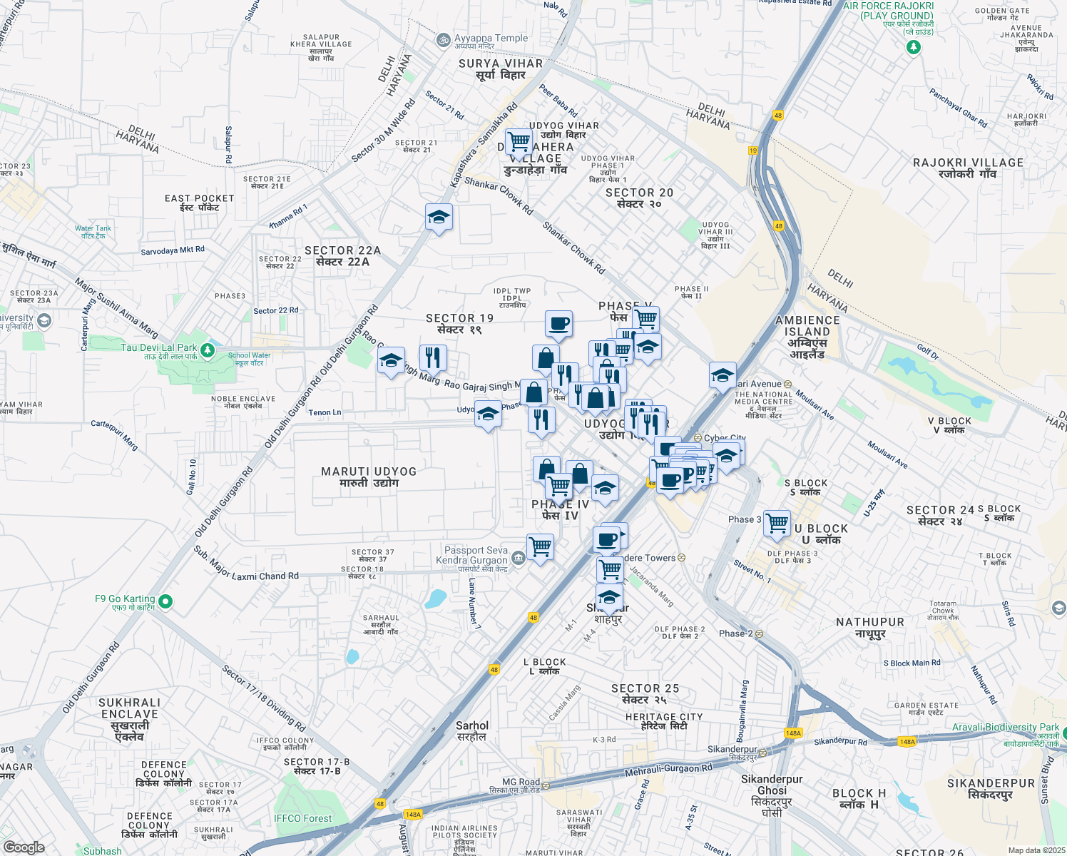 map of restaurants, bars, coffee shops, grocery stores, and more near in Gurugram