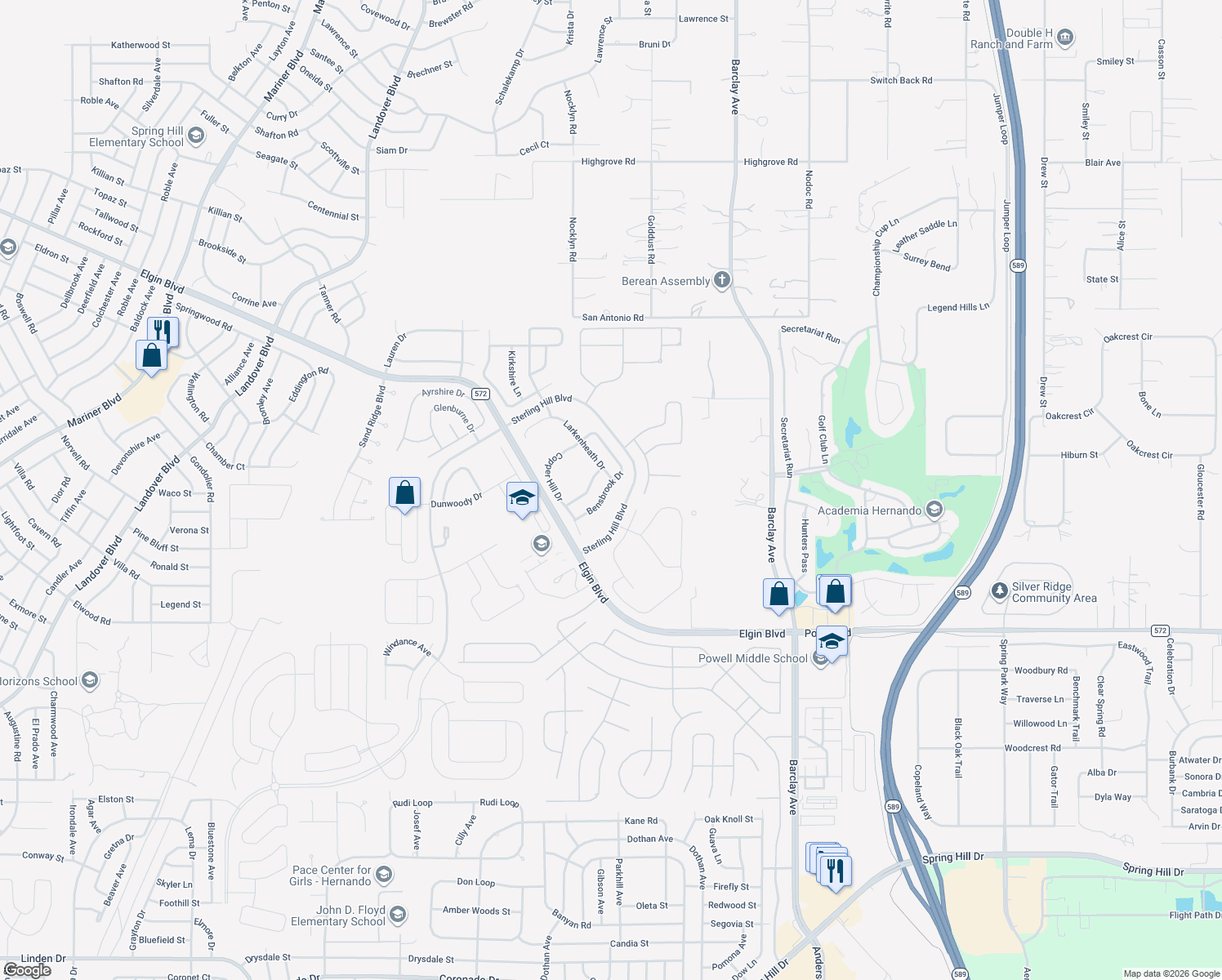 map of restaurants, bars, coffee shops, grocery stores, and more near 14318 Bensbrook Drive in Spring Hill