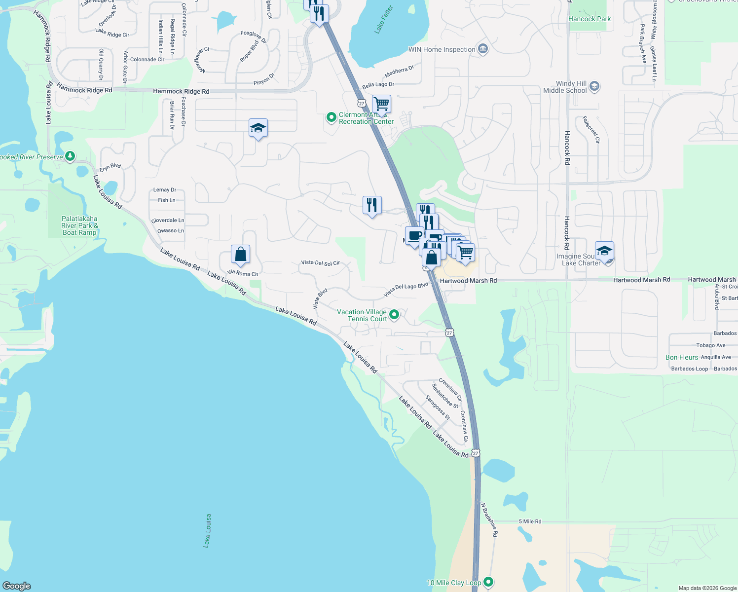 map of restaurants, bars, coffee shops, grocery stores, and more near 13921 Vista Del Lago Boulevard in Clermont