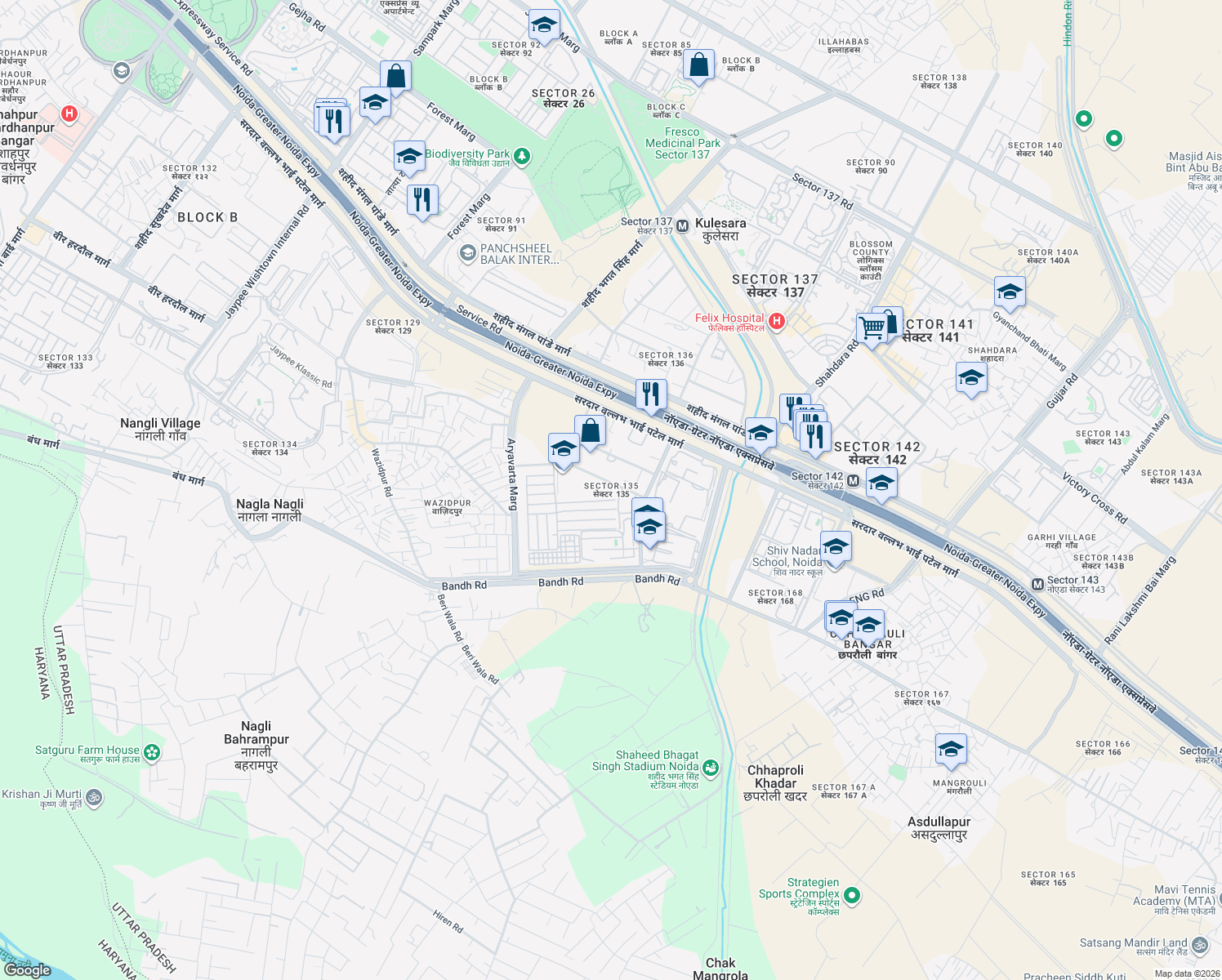 map of restaurants, bars, coffee shops, grocery stores, and more near in Noida