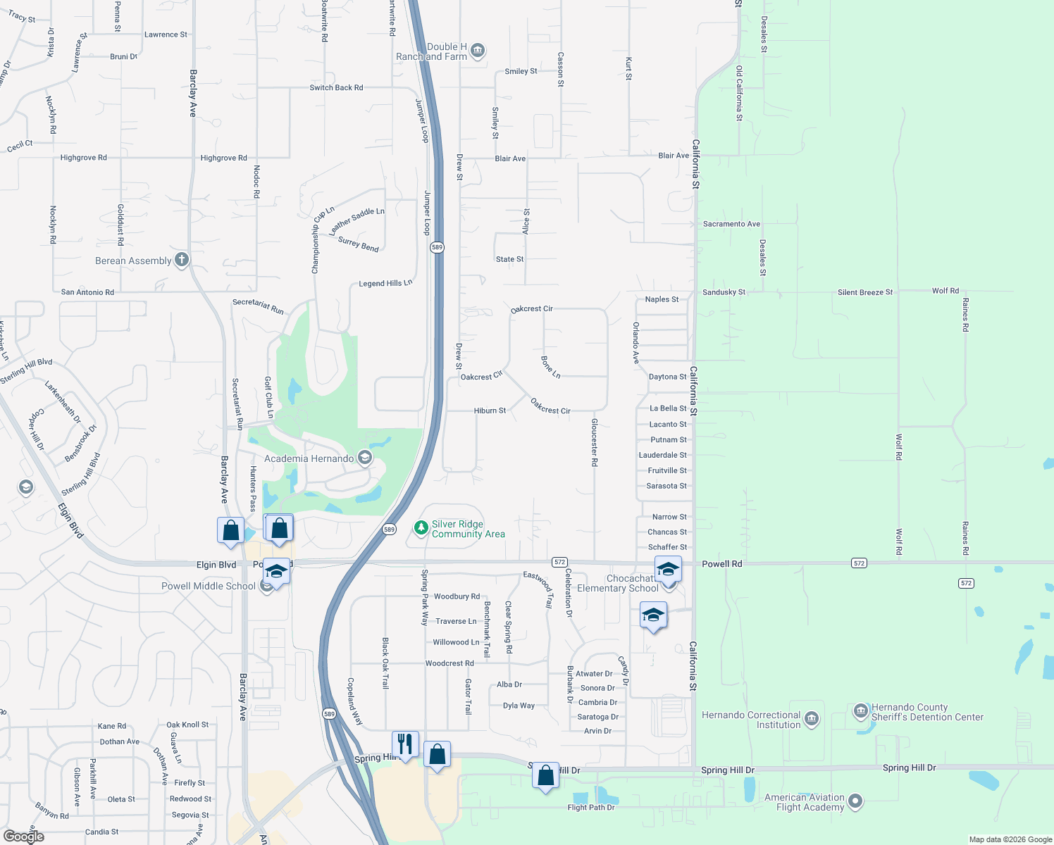 map of restaurants, bars, coffee shops, grocery stores, and more near 4444 Hansen Trail in Brooksville