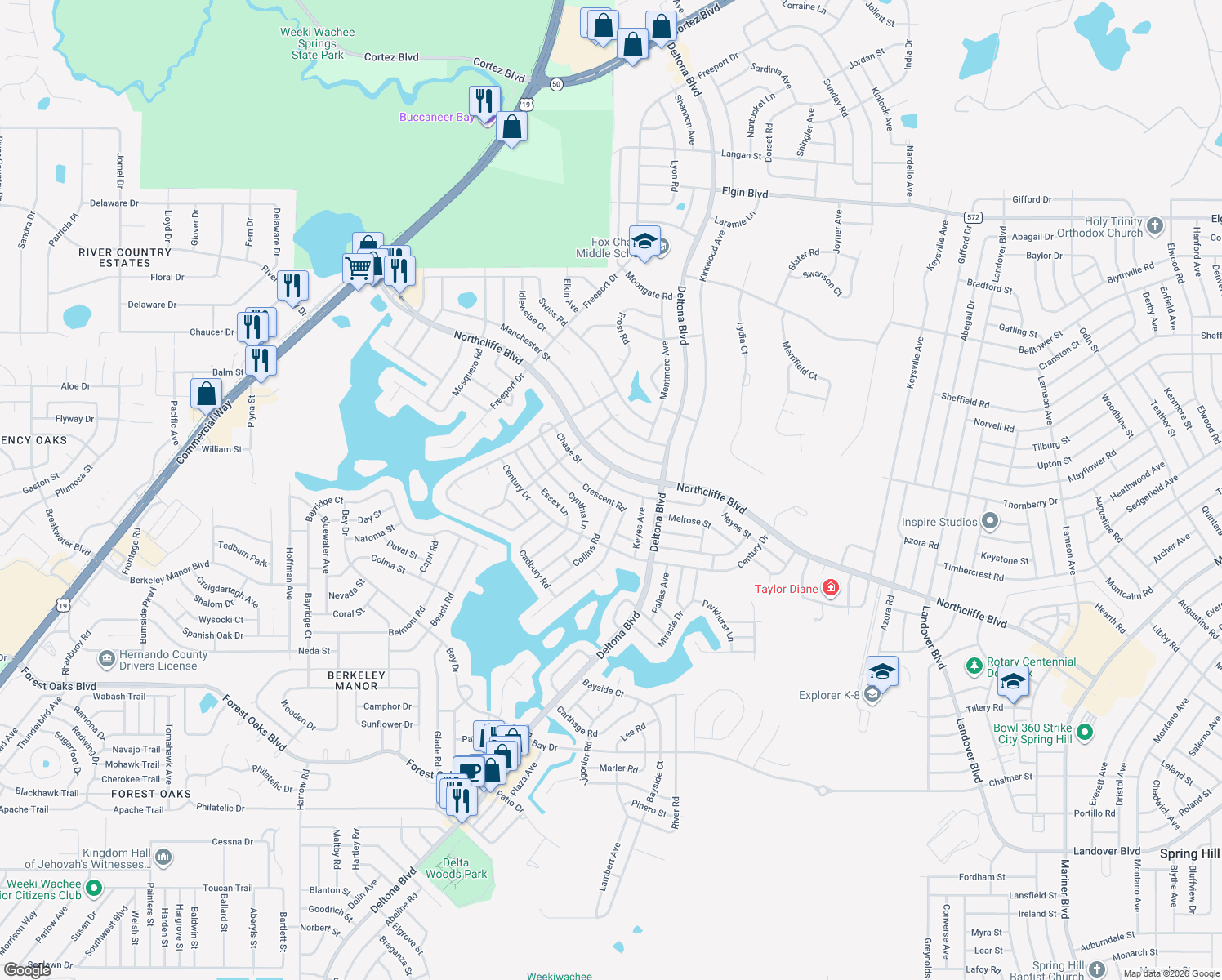 map of restaurants, bars, coffee shops, grocery stores, and more near 9314 Chase Street in Spring Hill