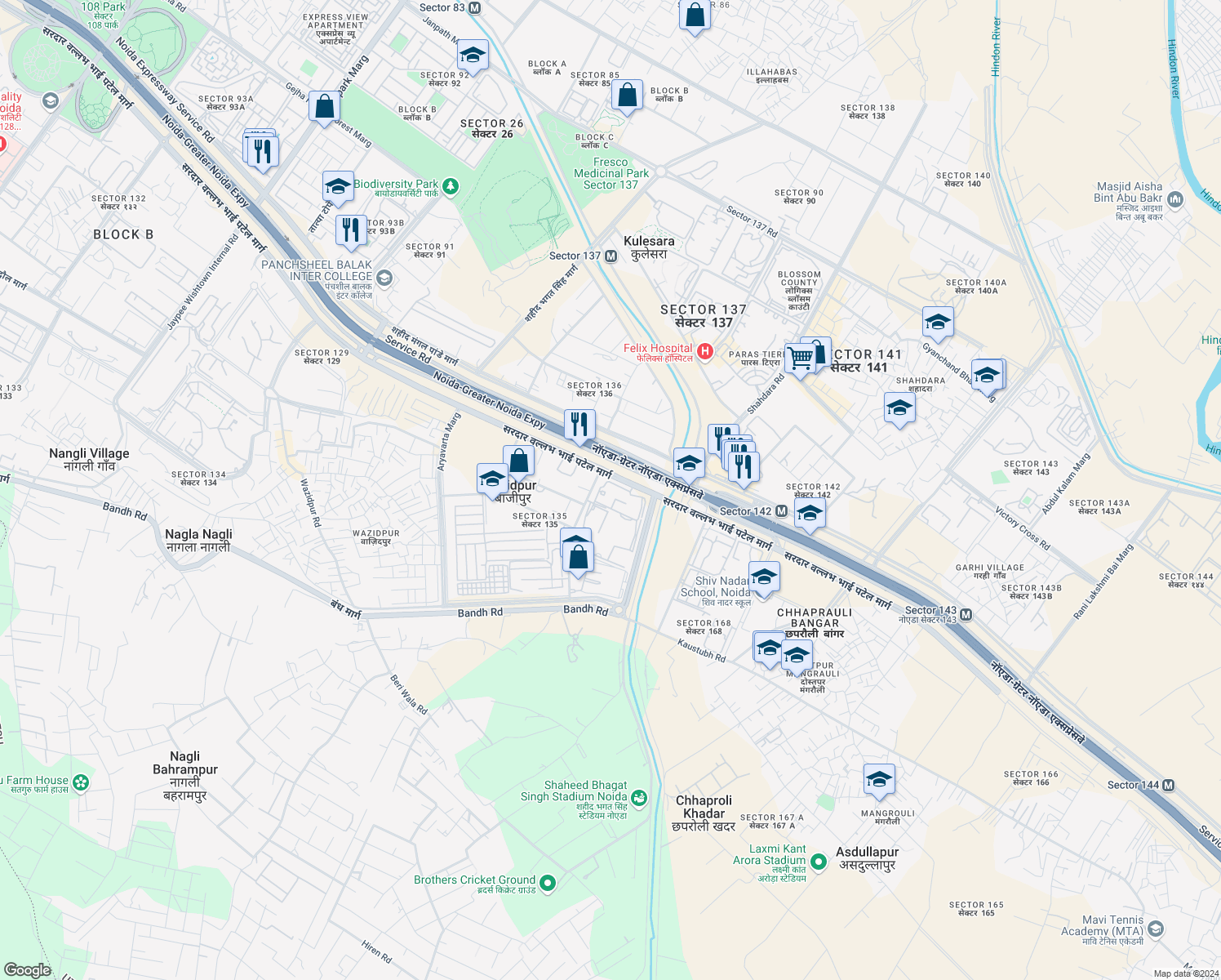 map of restaurants, bars, coffee shops, grocery stores, and more near in Noida