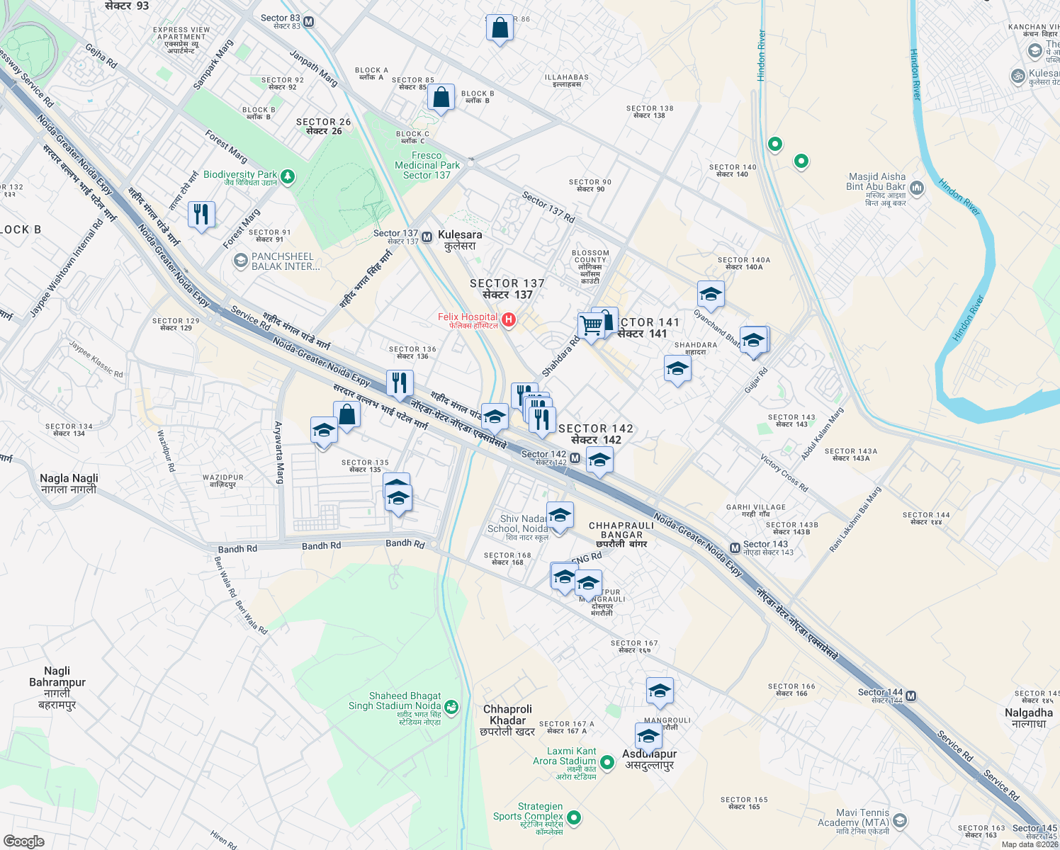 map of restaurants, bars, coffee shops, grocery stores, and more near Unnamed Road in Noida
