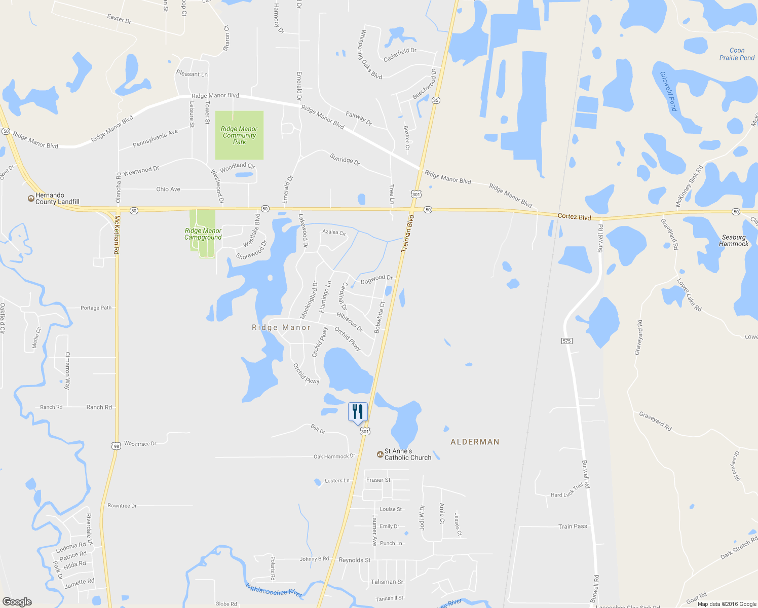 map of restaurants, bars, coffee shops, grocery stores, and more near 4965 Bobwhite Court in Dade City