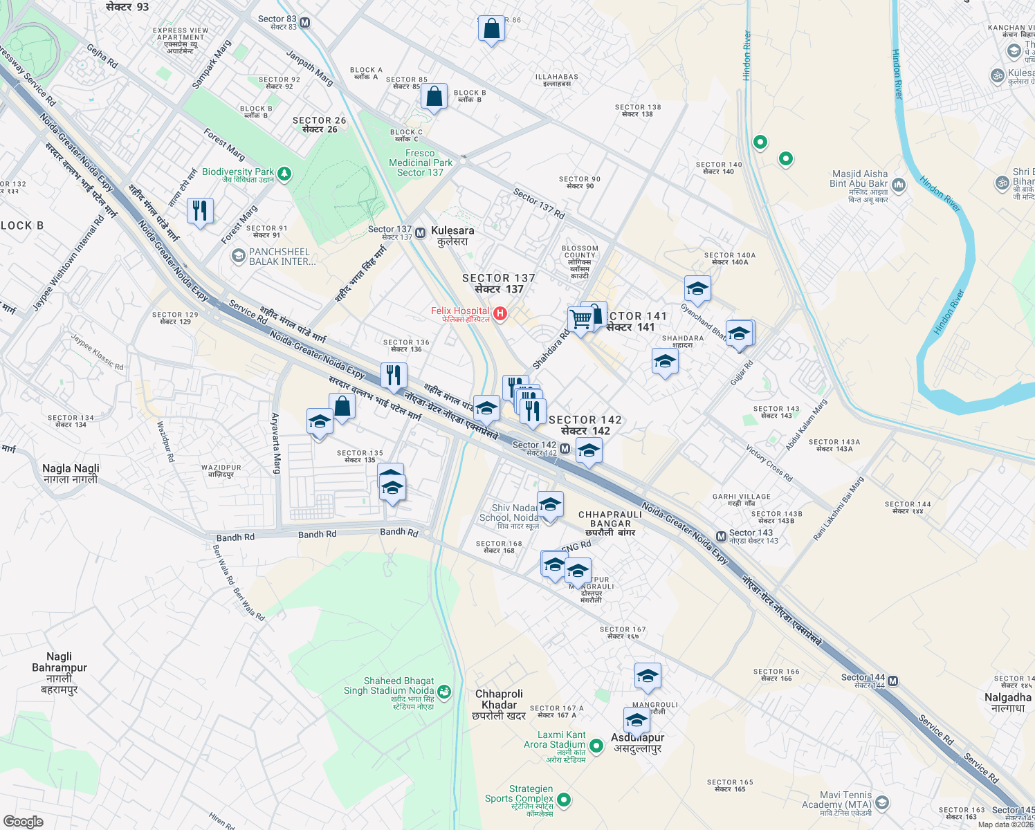 map of restaurants, bars, coffee shops, grocery stores, and more near Noida-Greater Noida Expressway in Noida