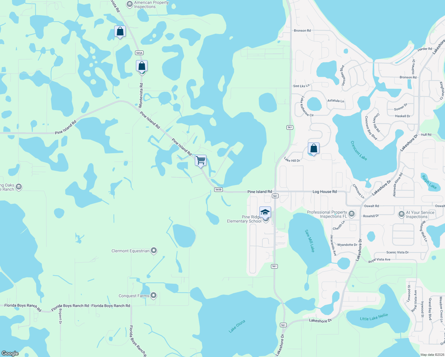map of restaurants, bars, coffee shops, grocery stores, and more near 10616 Old Grove Road in Clermont