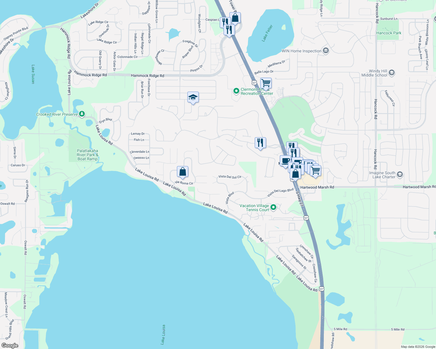 map of restaurants, bars, coffee shops, grocery stores, and more near 10742 Vista Del Sol Circle in Clermont
