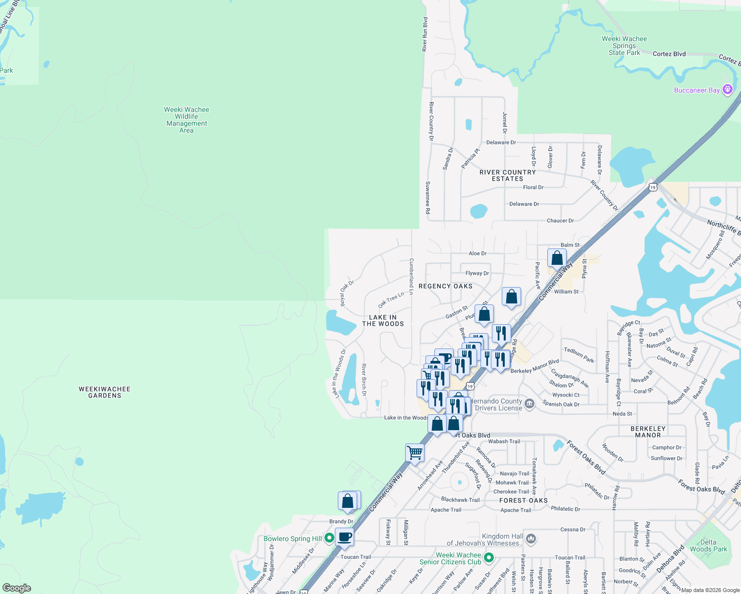 map of restaurants, bars, coffee shops, grocery stores, and more near 4624 Lake in the Woods Drive in Spring Hill
