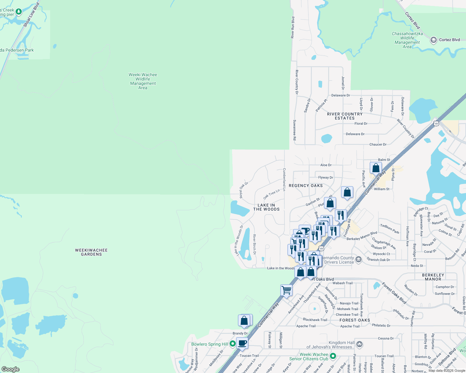 map of restaurants, bars, coffee shops, grocery stores, and more near 7333 Royal Oak Drive in Spring Hill
