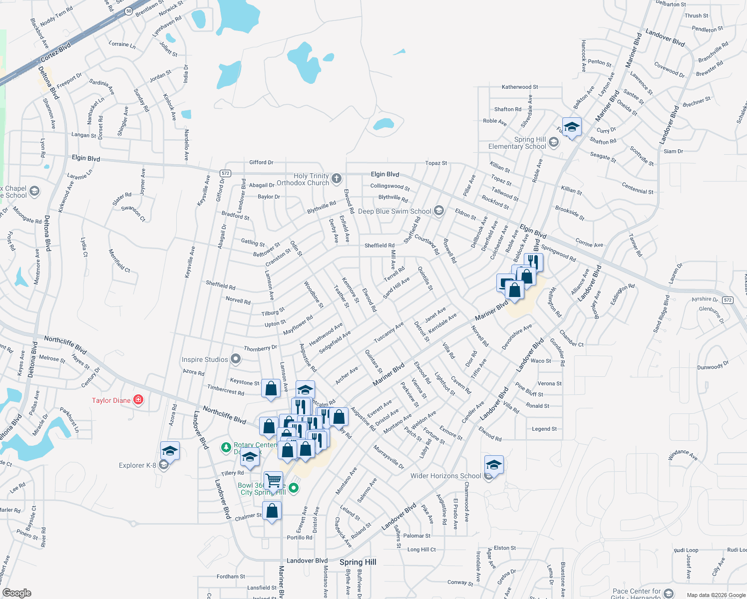 map of restaurants, bars, coffee shops, grocery stores, and more near 5076 Elwood Road in Spring Hill