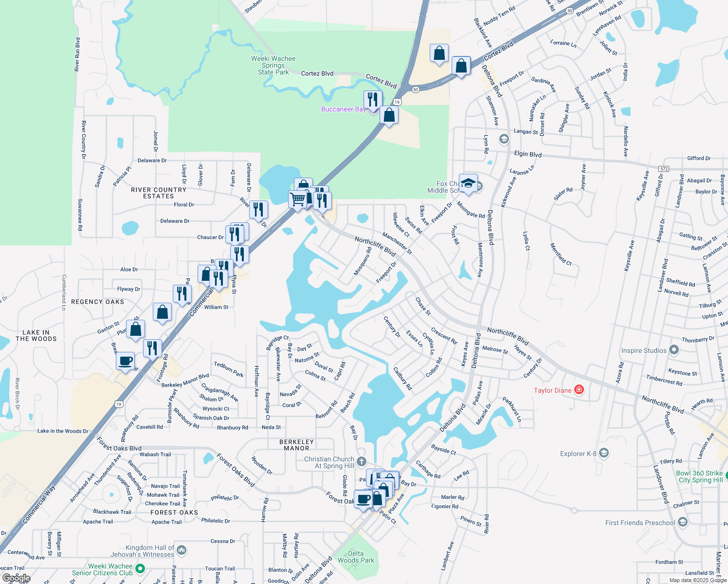 map of restaurants, bars, coffee shops, grocery stores, and more near 5075 Freeport Drive in Spring Hill
