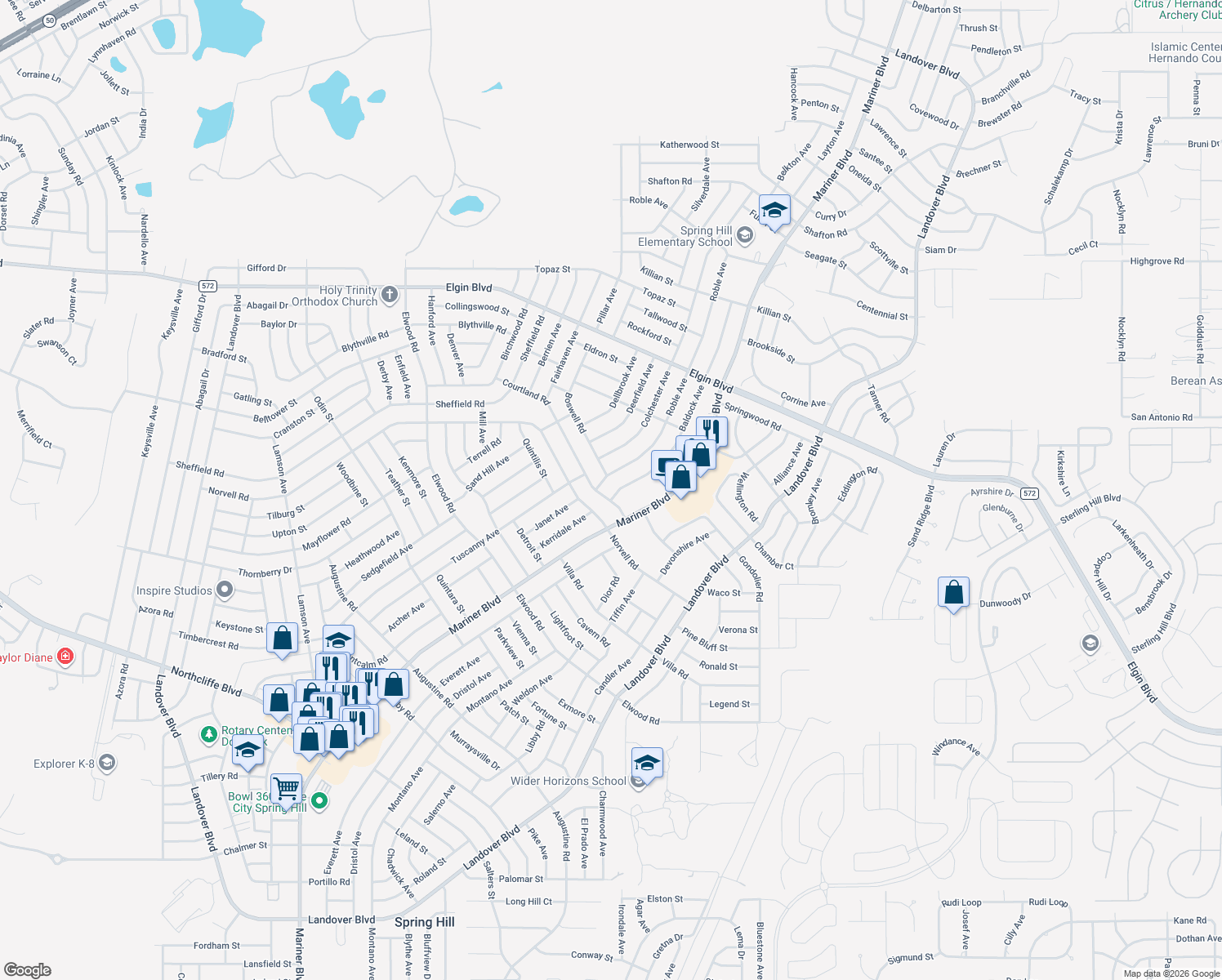 map of restaurants, bars, coffee shops, grocery stores, and more near 5053 Baldock Avenue in Spring Hill