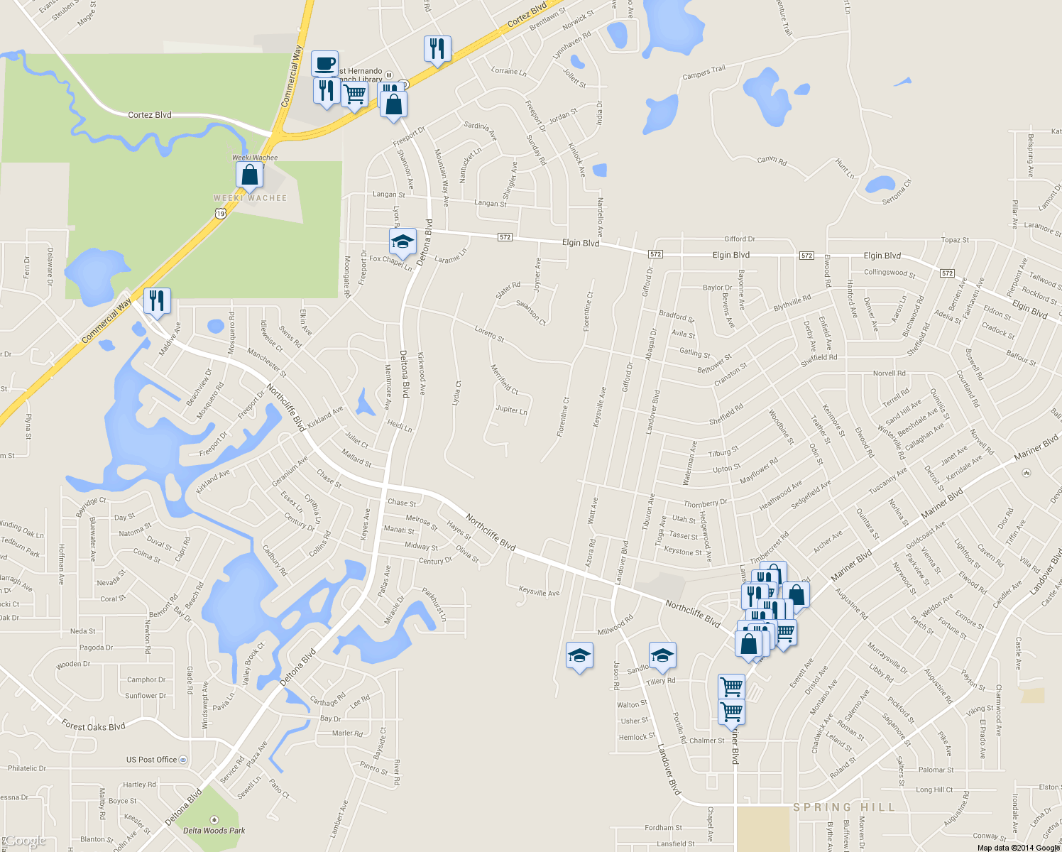 map of restaurants, bars, coffee shops, grocery stores, and more near 5088 Merrifield Court in Spring Hill