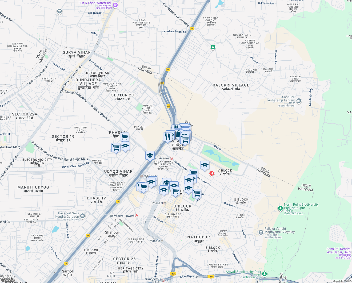 map of restaurants, bars, coffee shops, grocery stores, and more near DLF City Phase 3 Road in Gurugram