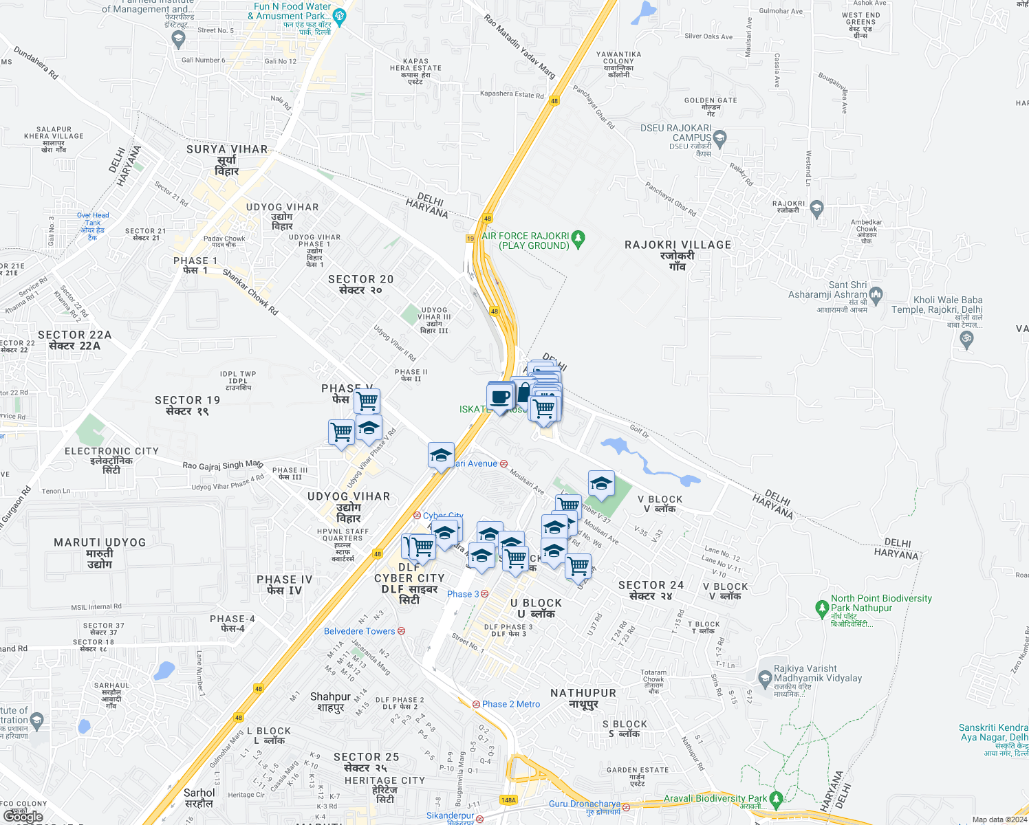 map of restaurants, bars, coffee shops, grocery stores, and more near DLF City Phase 3 Road in Gurugram