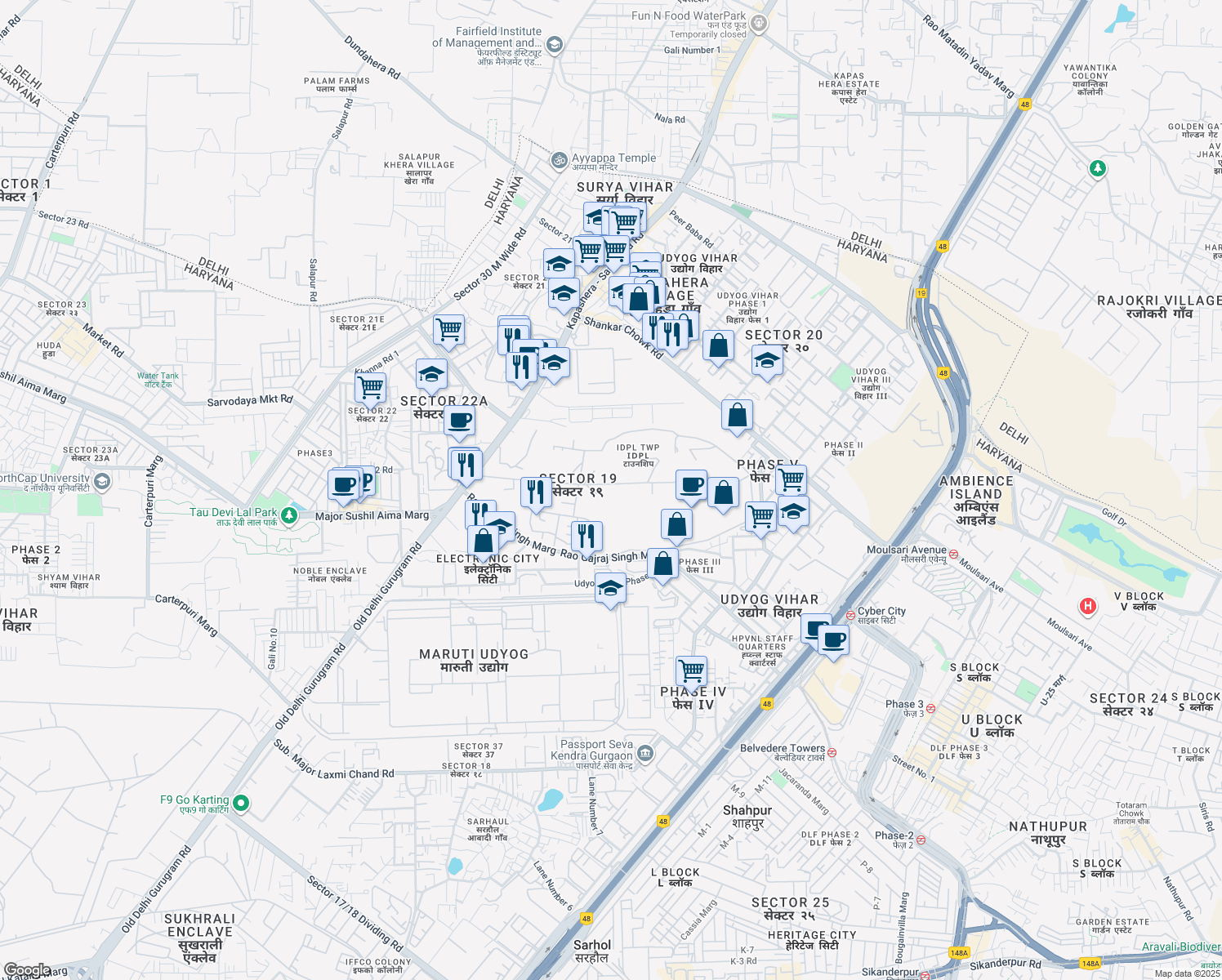 map of restaurants, bars, coffee shops, grocery stores, and more near in Gurgaon