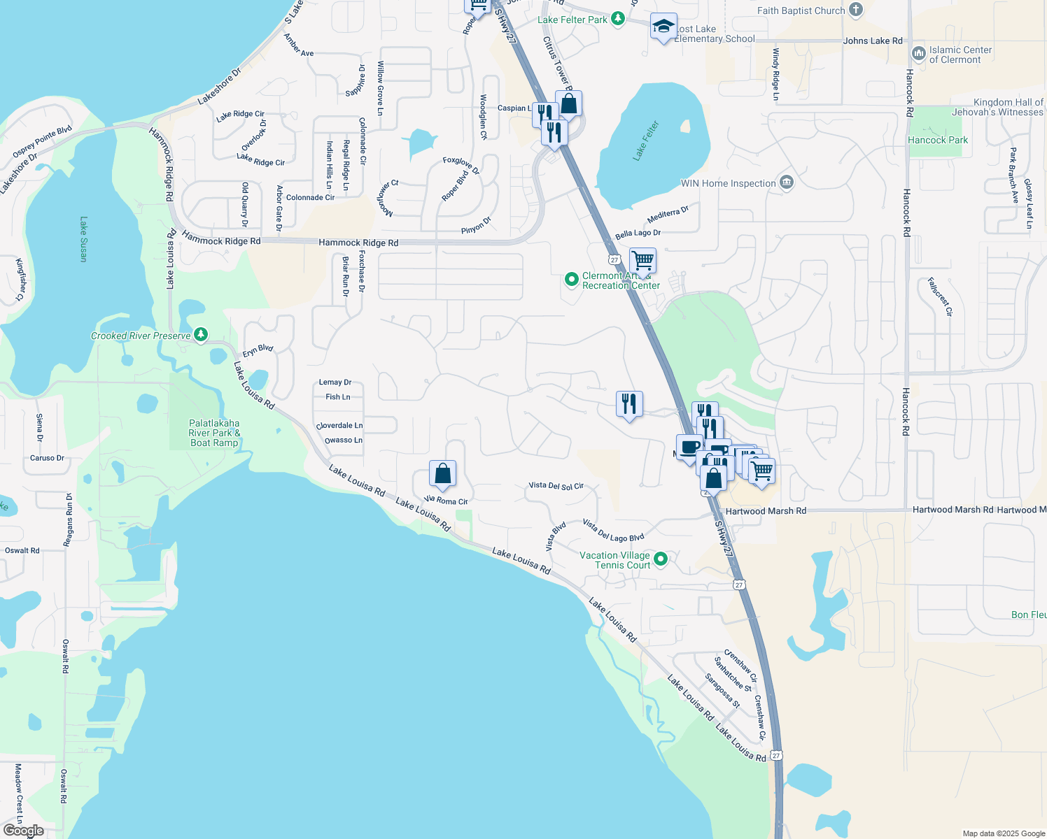map of restaurants, bars, coffee shops, grocery stores, and more near 4079 Greystone Drive in Clermont