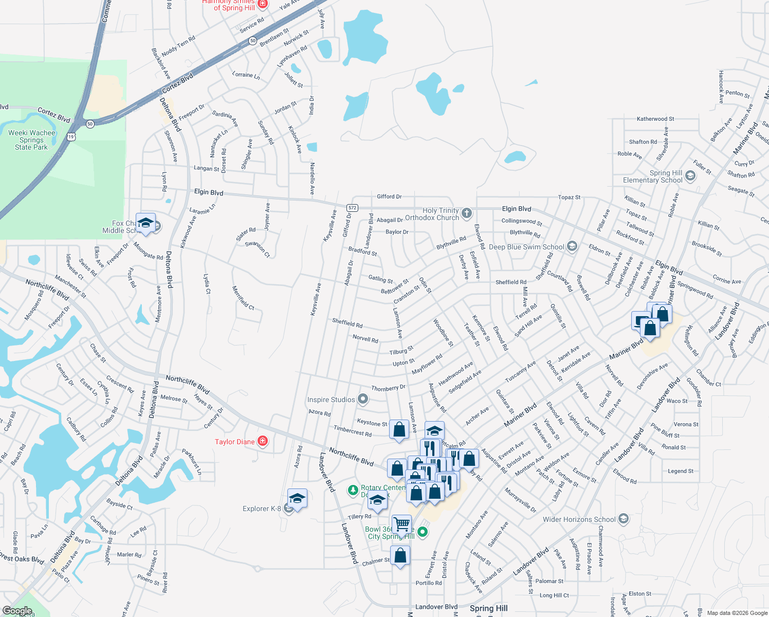 map of restaurants, bars, coffee shops, grocery stores, and more near 10464 Cranston Street in Spring Hill