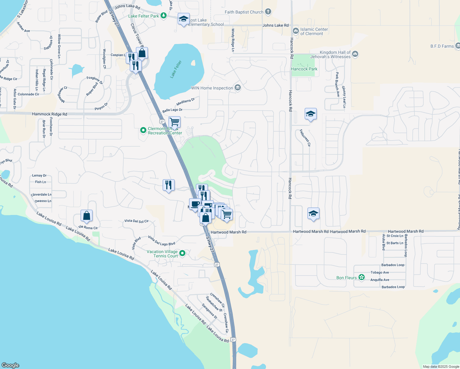map of restaurants, bars, coffee shops, grocery stores, and more near 2136 Grafton Avenue in Clermont