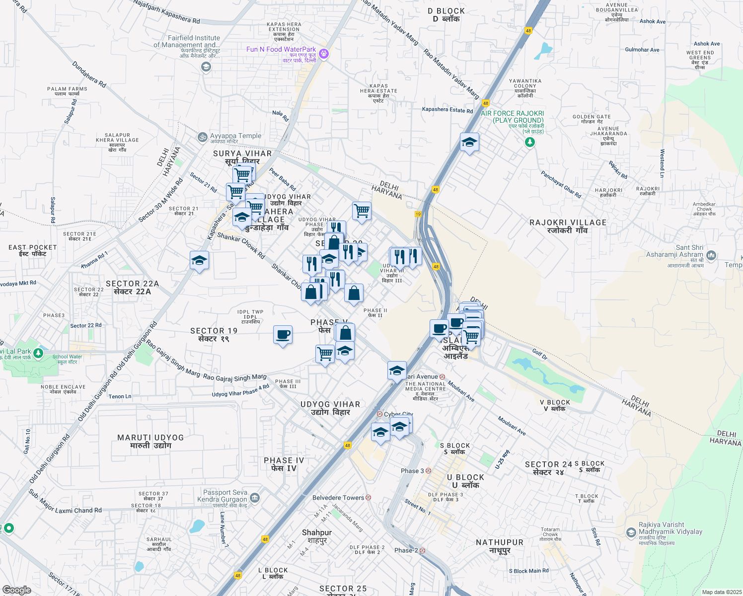 map of restaurants, bars, coffee shops, grocery stores, and more near 344 Udyog Vihar II Road in Gurugram