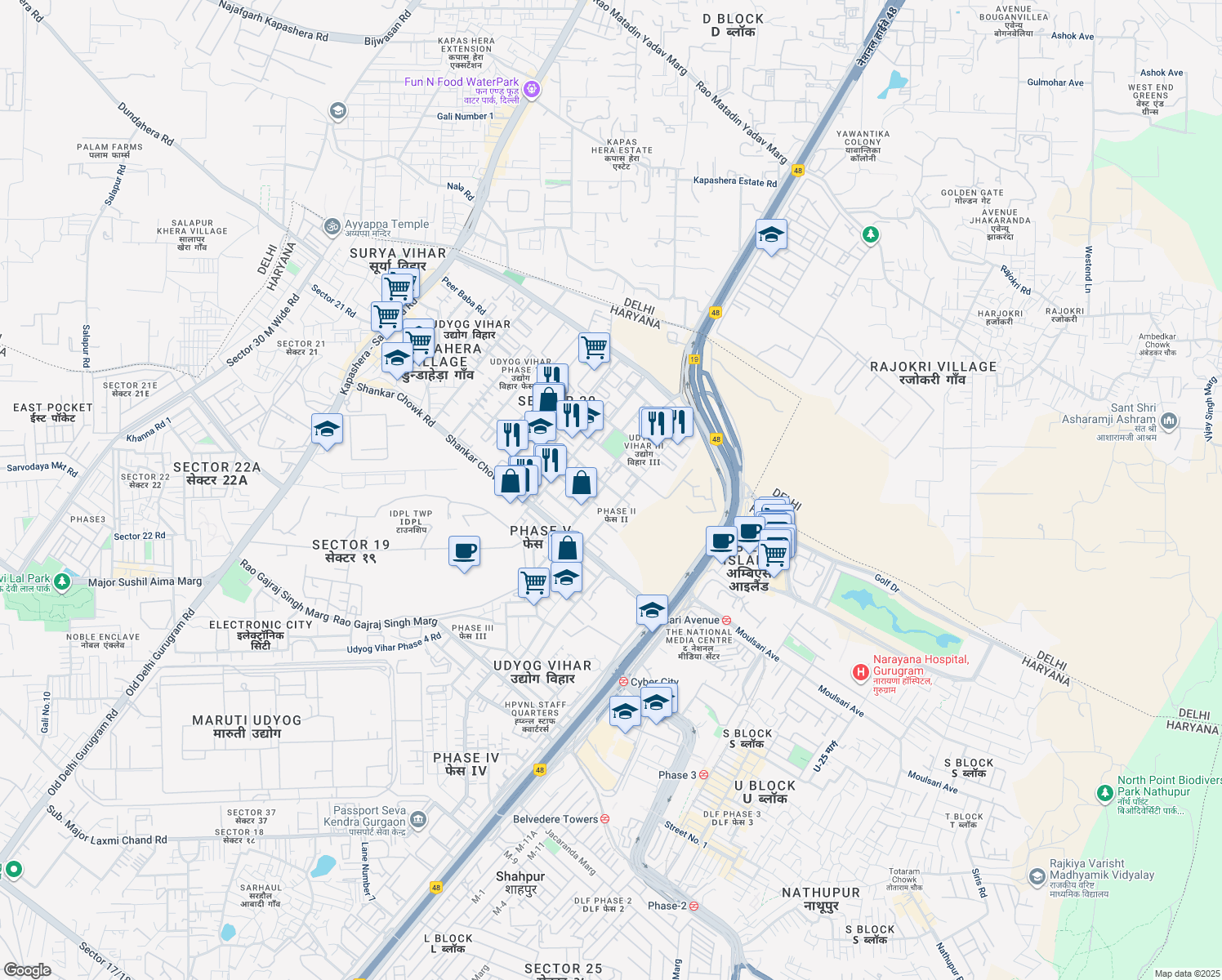 map of restaurants, bars, coffee shops, grocery stores, and more near 344 Udyog Vihar II Road in Gurugram