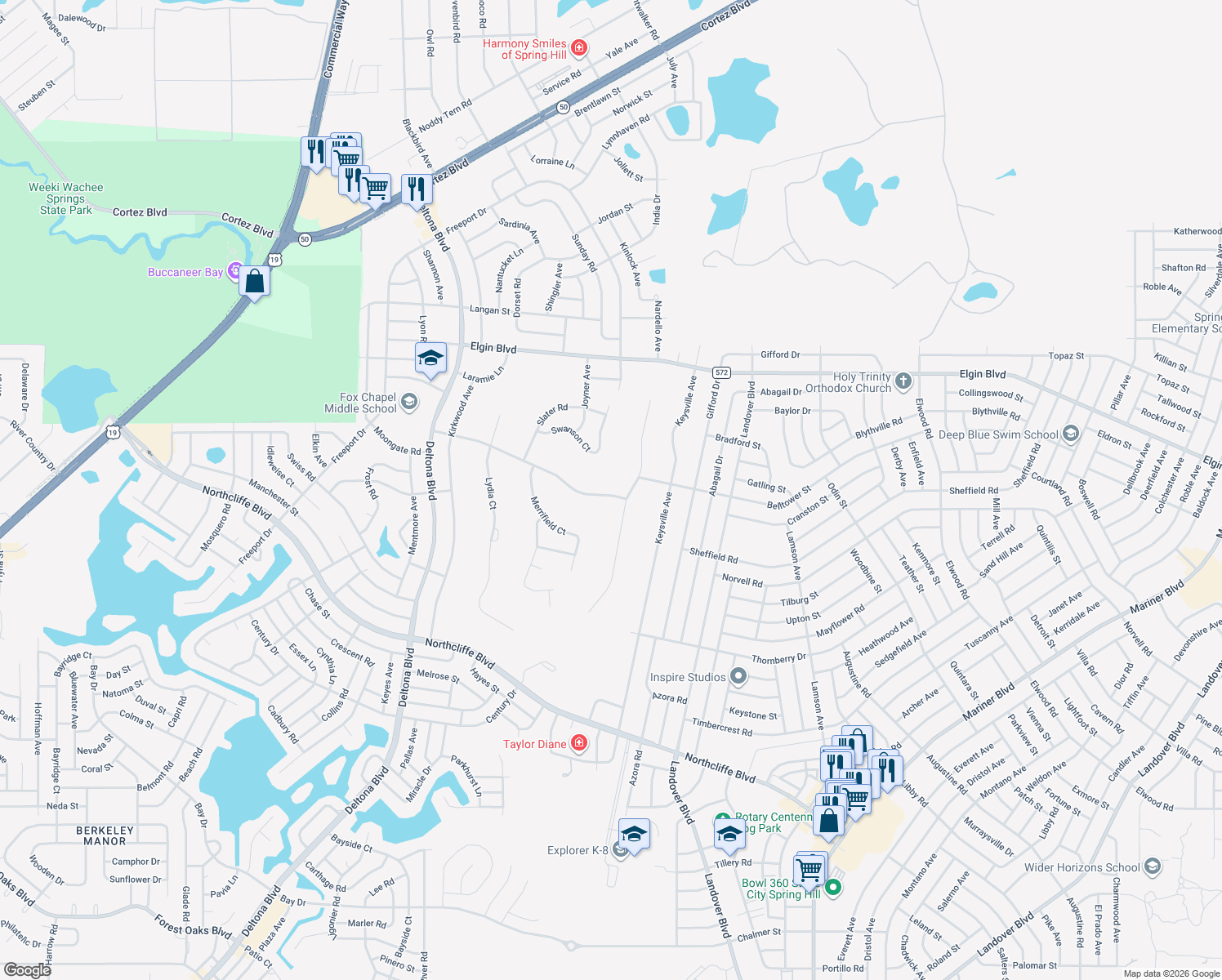 map of restaurants, bars, coffee shops, grocery stores, and more near 10201 Loretto St in Spring Hill