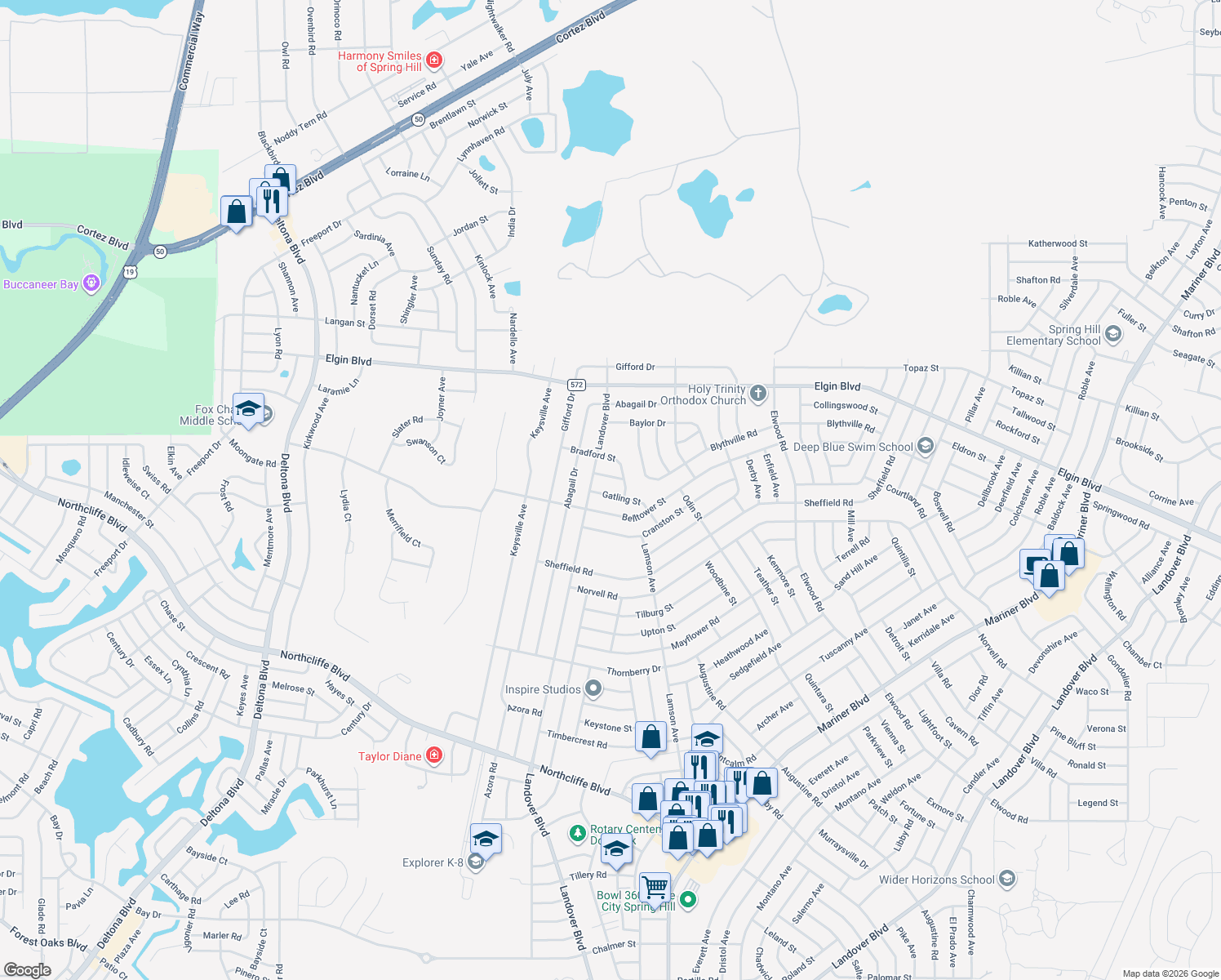 map of restaurants, bars, coffee shops, grocery stores, and more near 10431 Gatling Street in Spring Hill