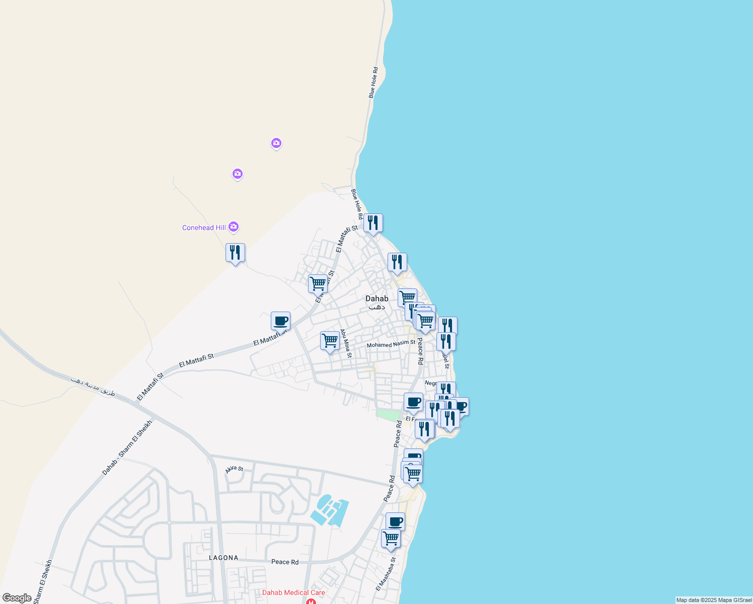 map of restaurants, bars, coffee shops, grocery stores, and more near العسله in Dahab