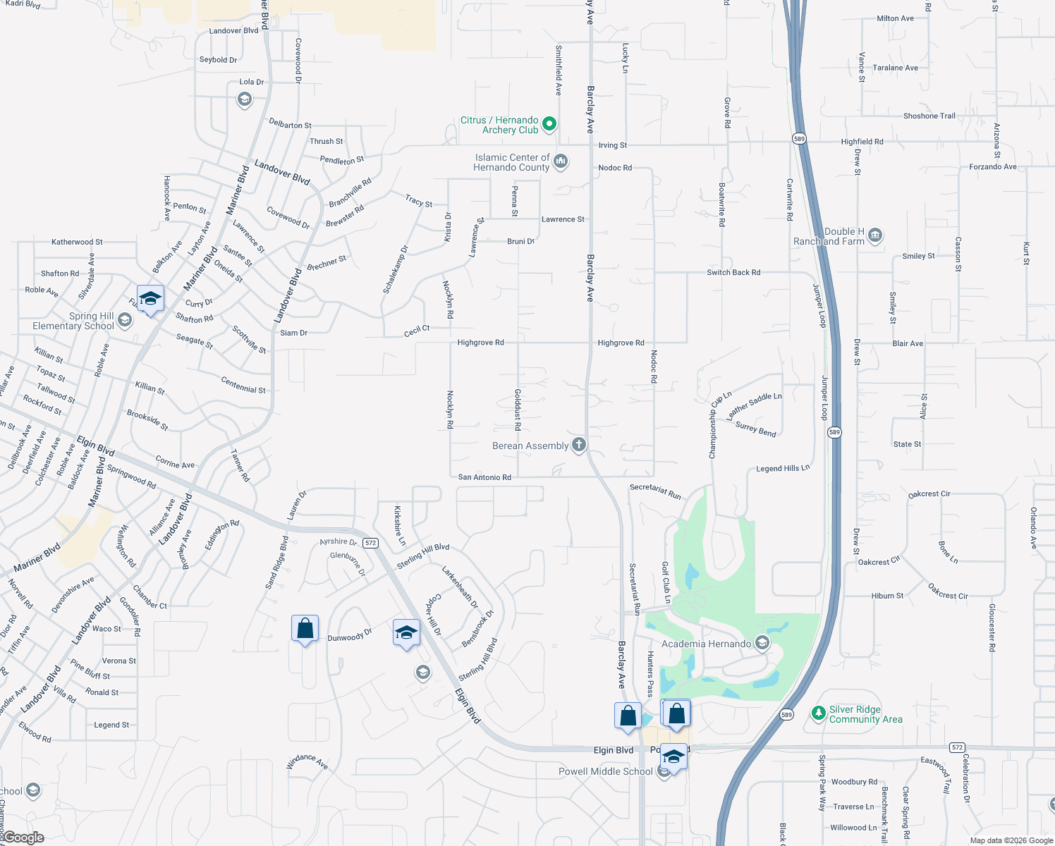 map of restaurants, bars, coffee shops, grocery stores, and more near 5280 Golddust Road in Spring Hill