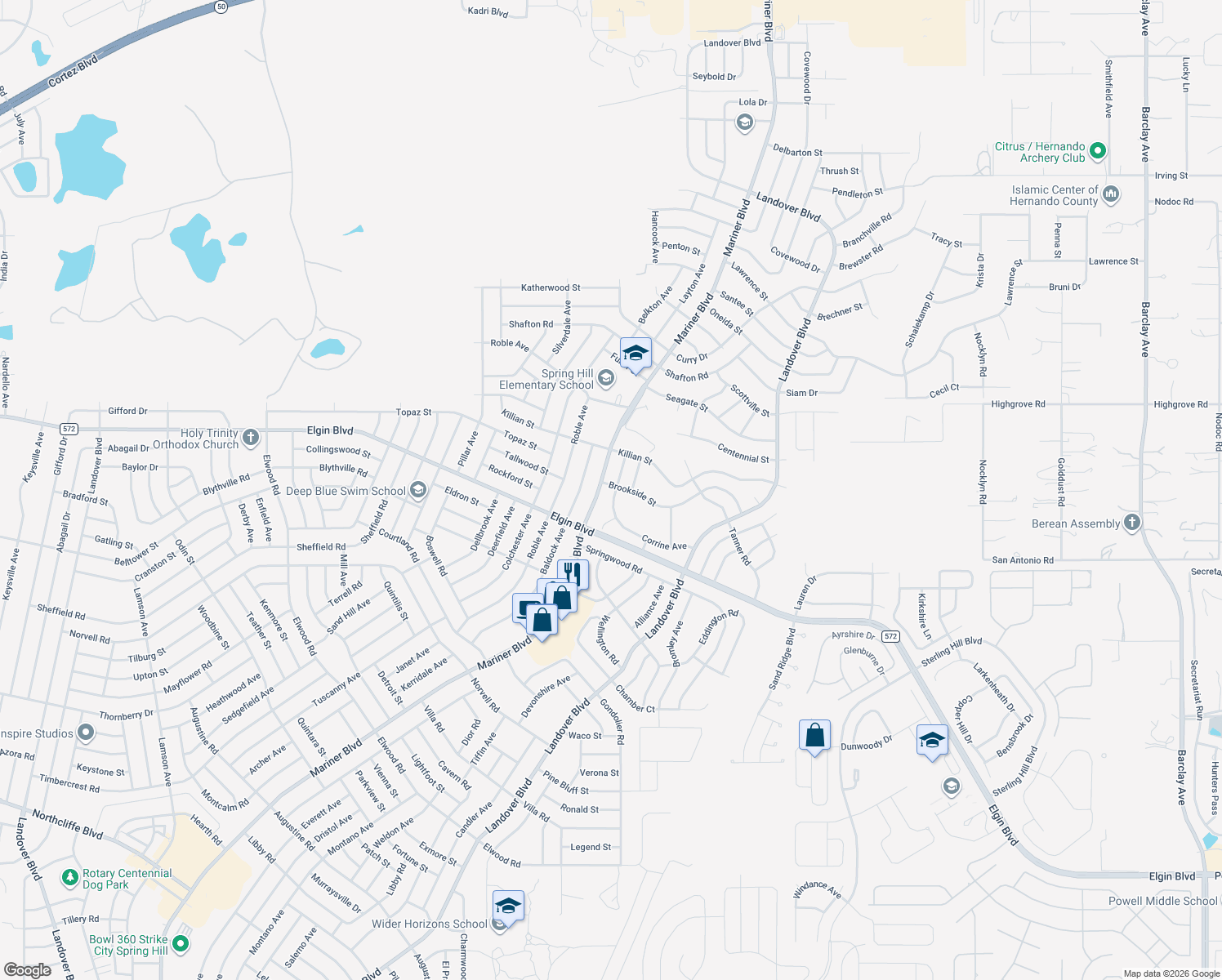 map of restaurants, bars, coffee shops, grocery stores, and more near 12374 Corrine Avenue in Spring Hill