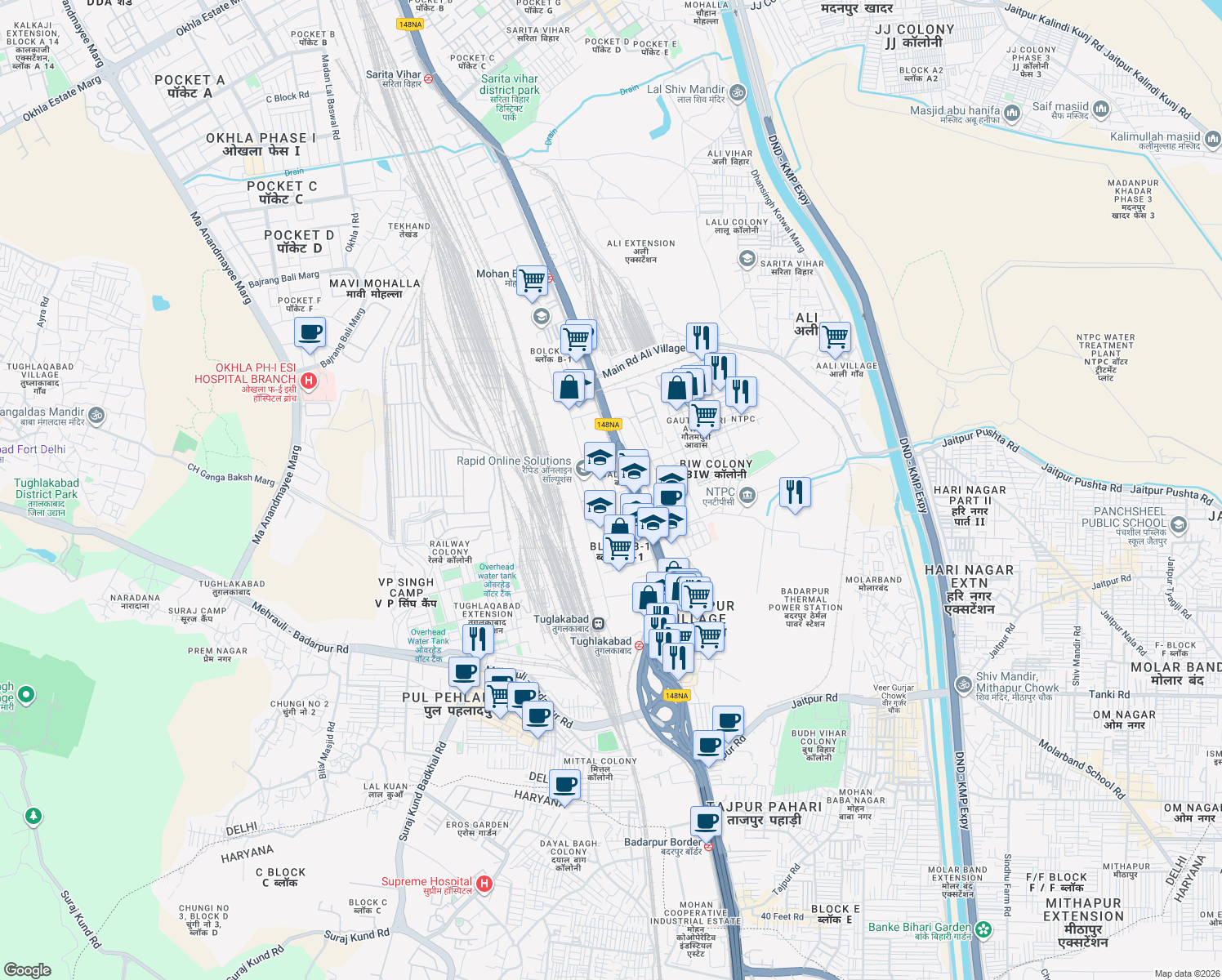 map of restaurants, bars, coffee shops, grocery stores, and more near in New Delhi