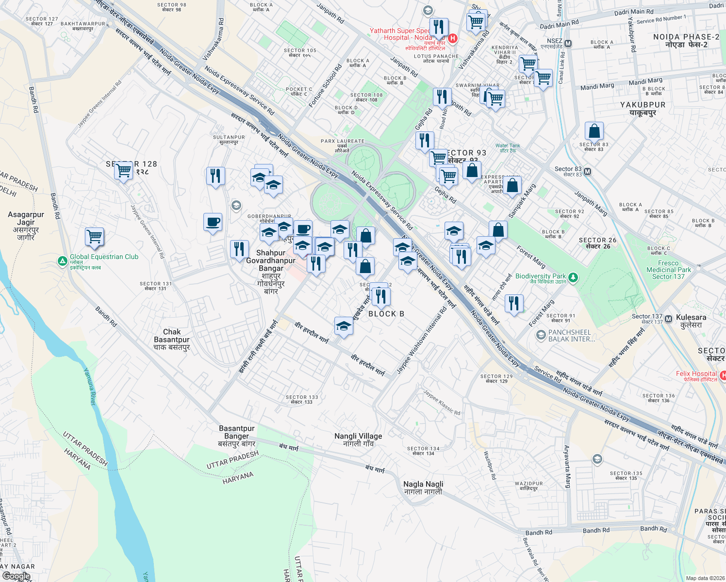 map of restaurants, bars, coffee shops, grocery stores, and more near in Noida