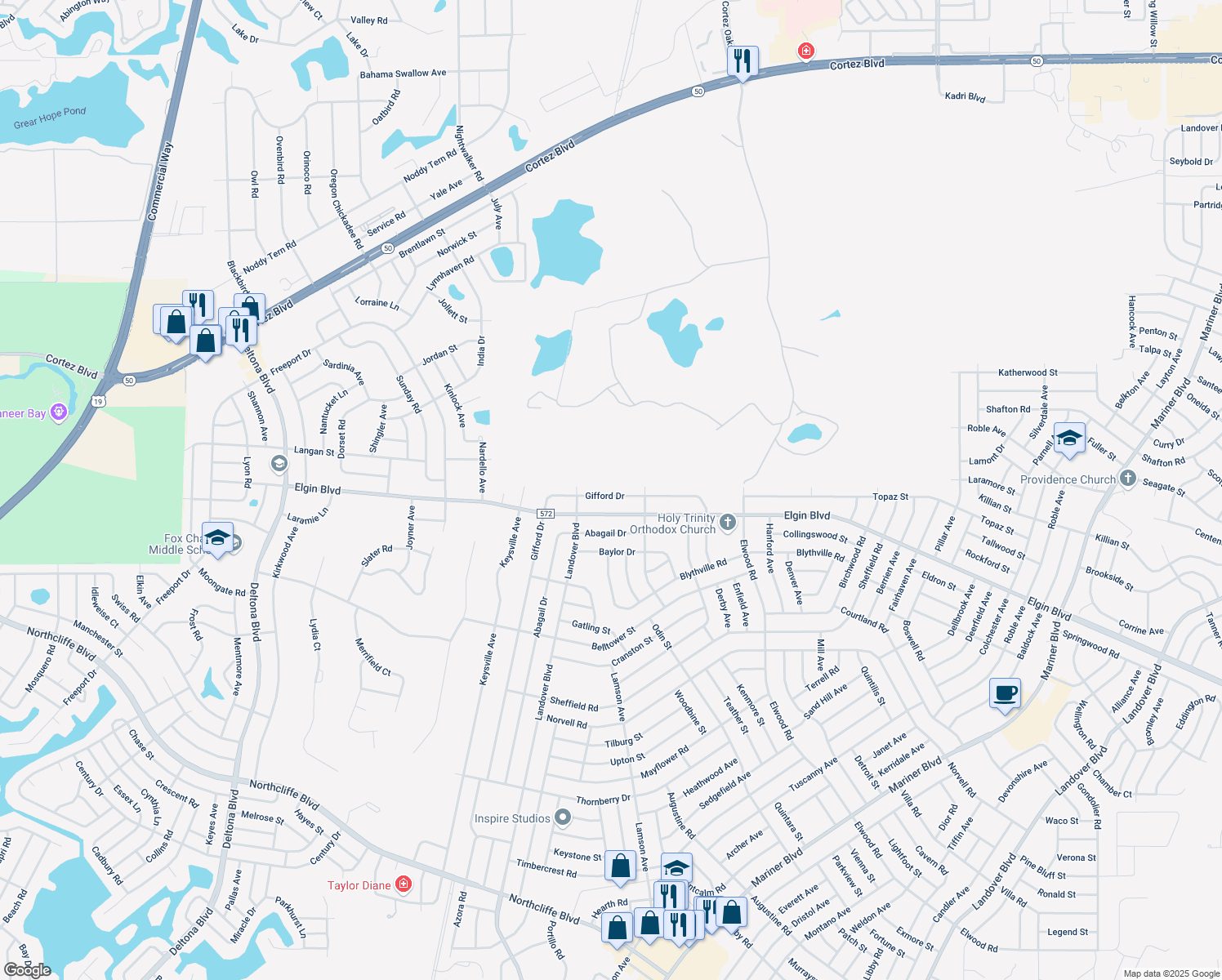 map of restaurants, bars, coffee shops, grocery stores, and more near 10565 Gifford Dr in Spring Hill