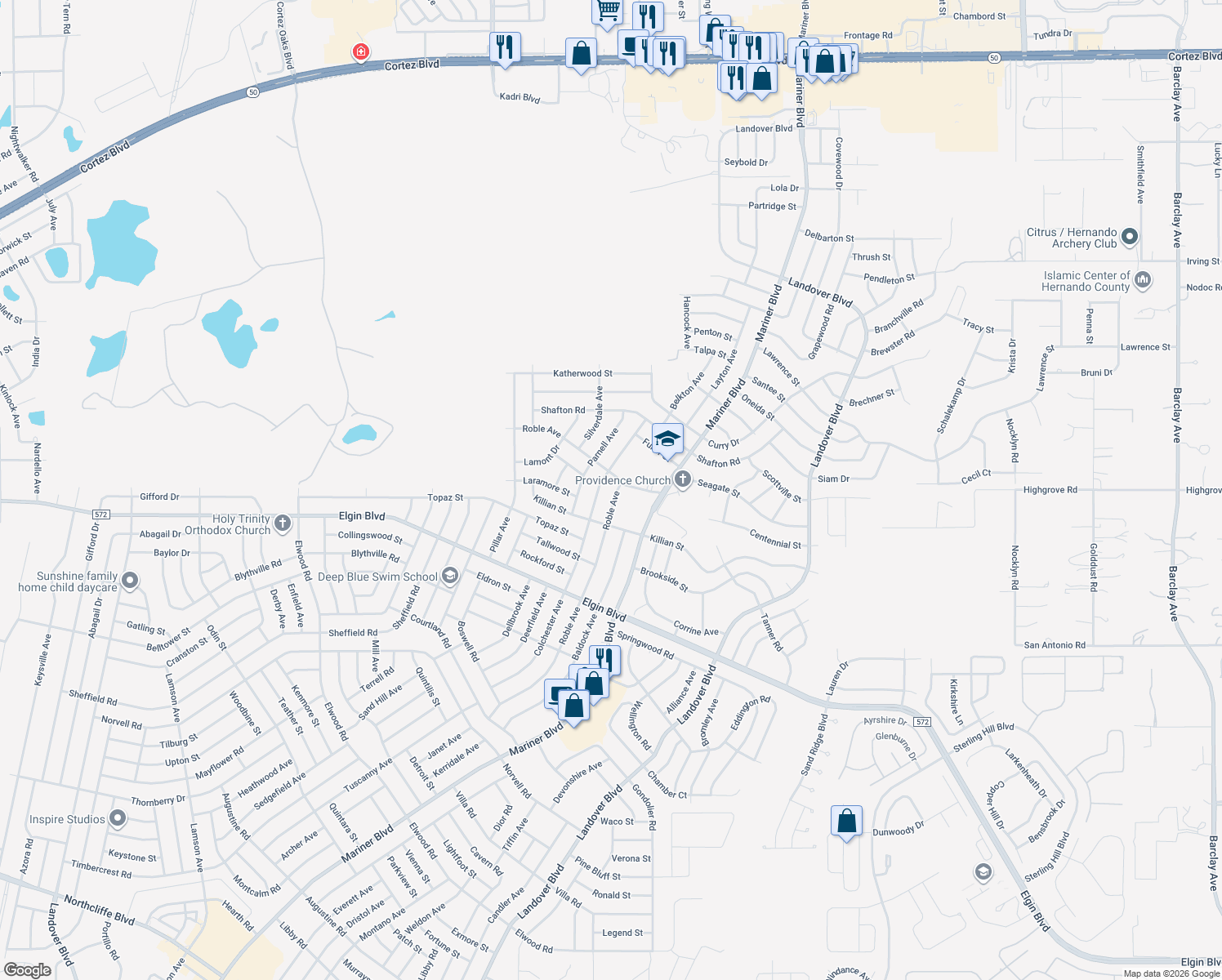 map of restaurants, bars, coffee shops, grocery stores, and more near 5501 Roble Avenue in Spring Hill
