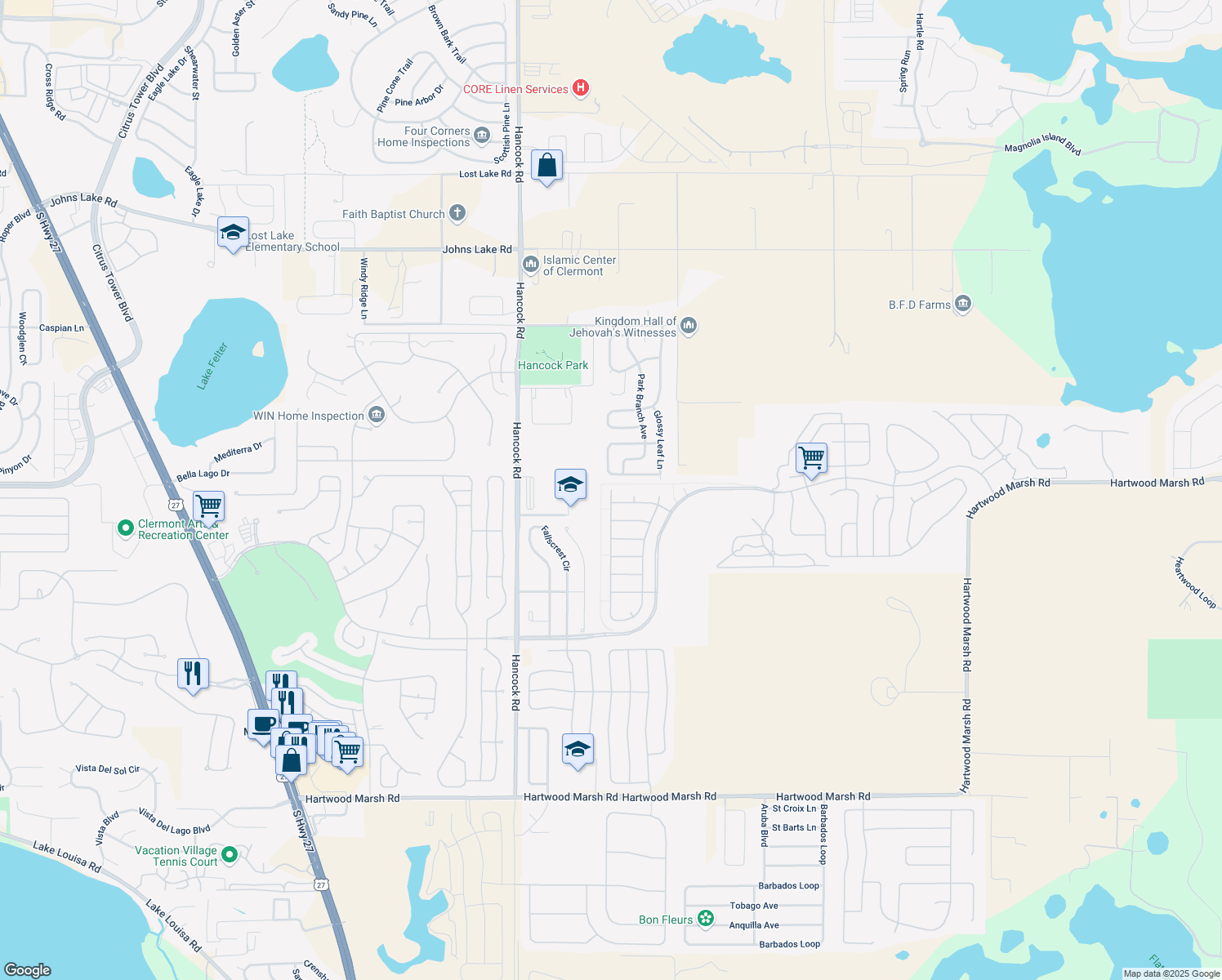 map of restaurants, bars, coffee shops, grocery stores, and more near 3948 Sanibel Street in Clermont