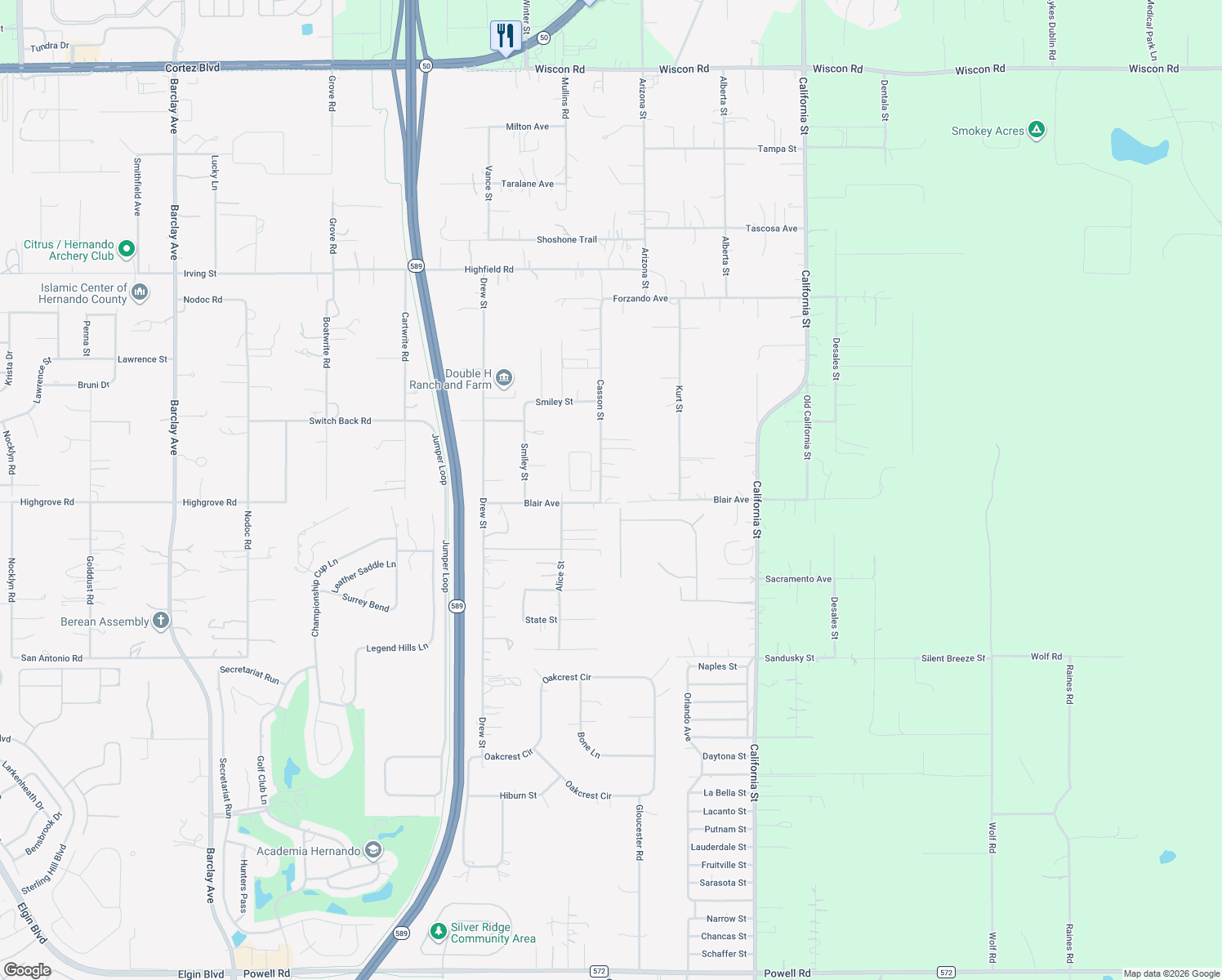 map of restaurants, bars, coffee shops, grocery stores, and more near 15423 Blair Avenue in Brooksville