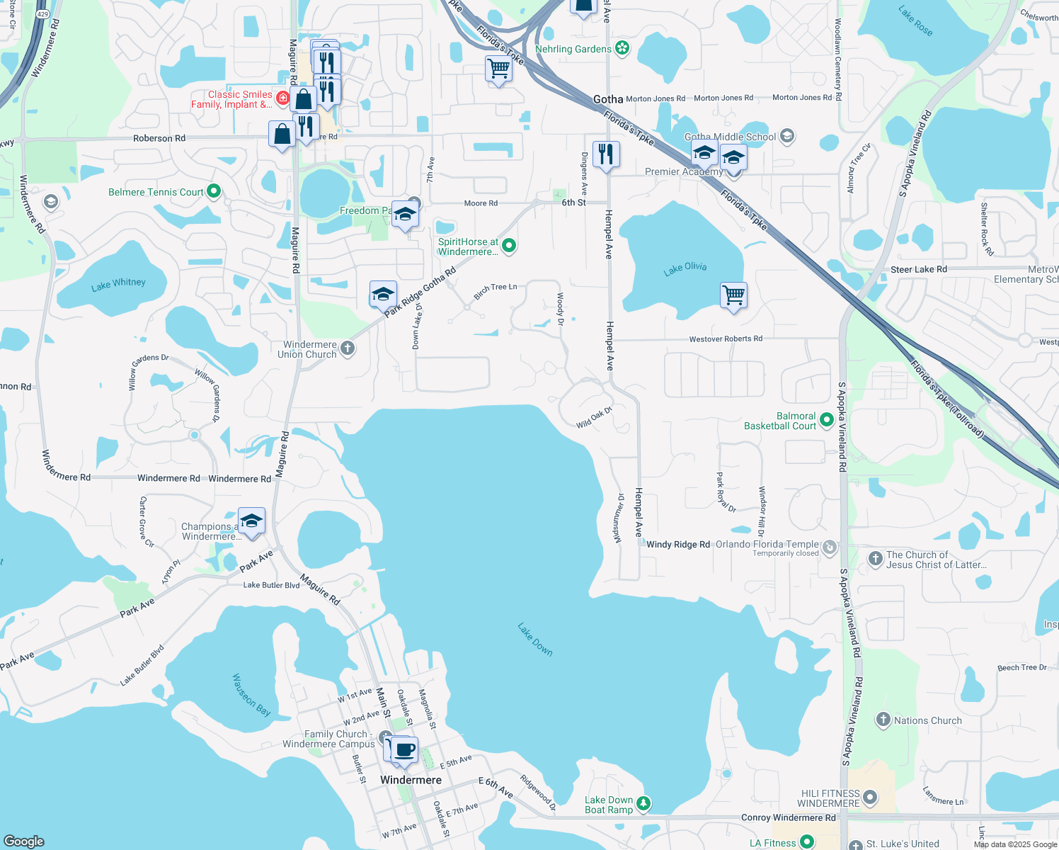 map of restaurants, bars, coffee shops, grocery stores, and more near 9708 Nearwater Place in Windermere