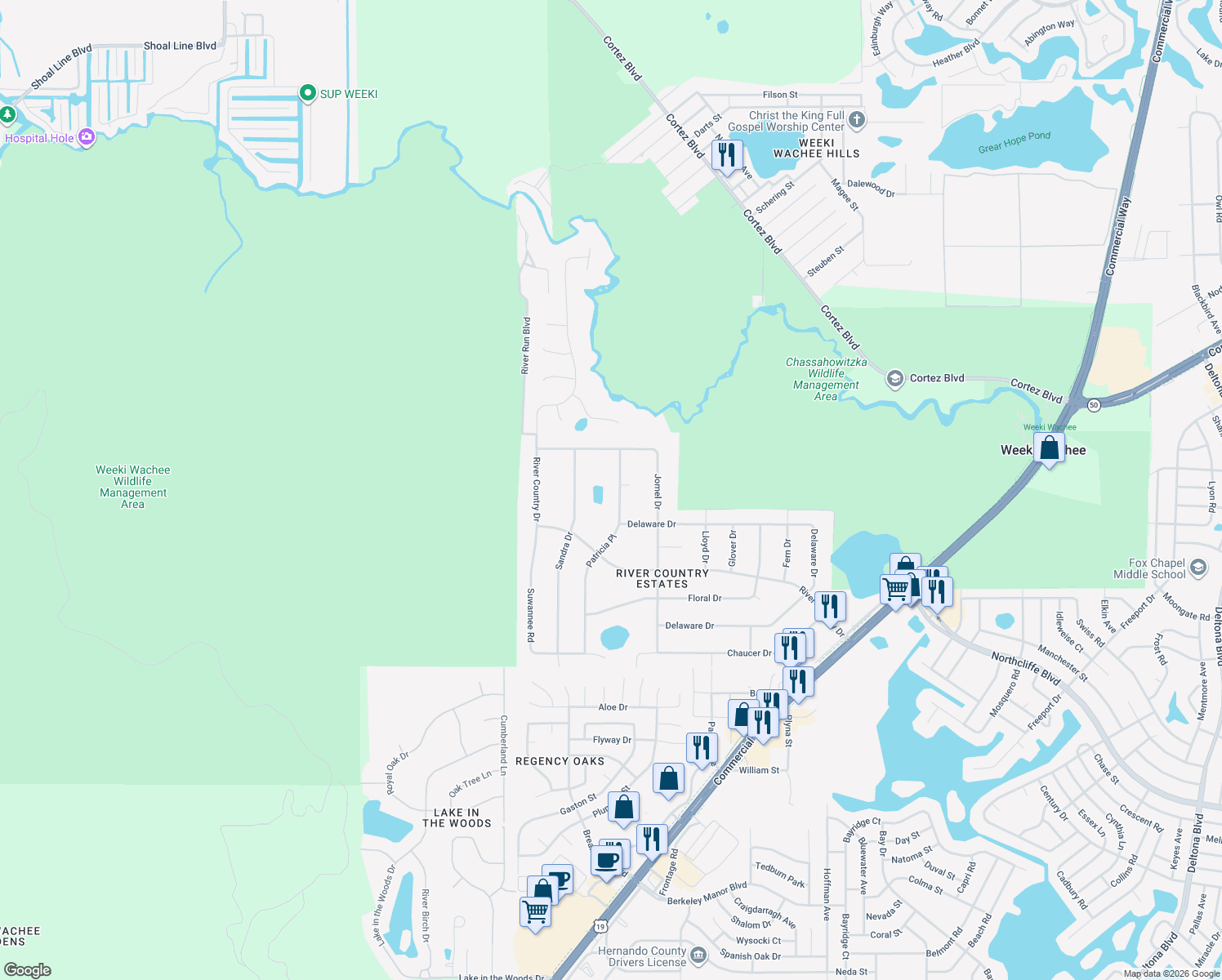 map of restaurants, bars, coffee shops, grocery stores, and more near 6049 Patricia Place in Weeki Wachee