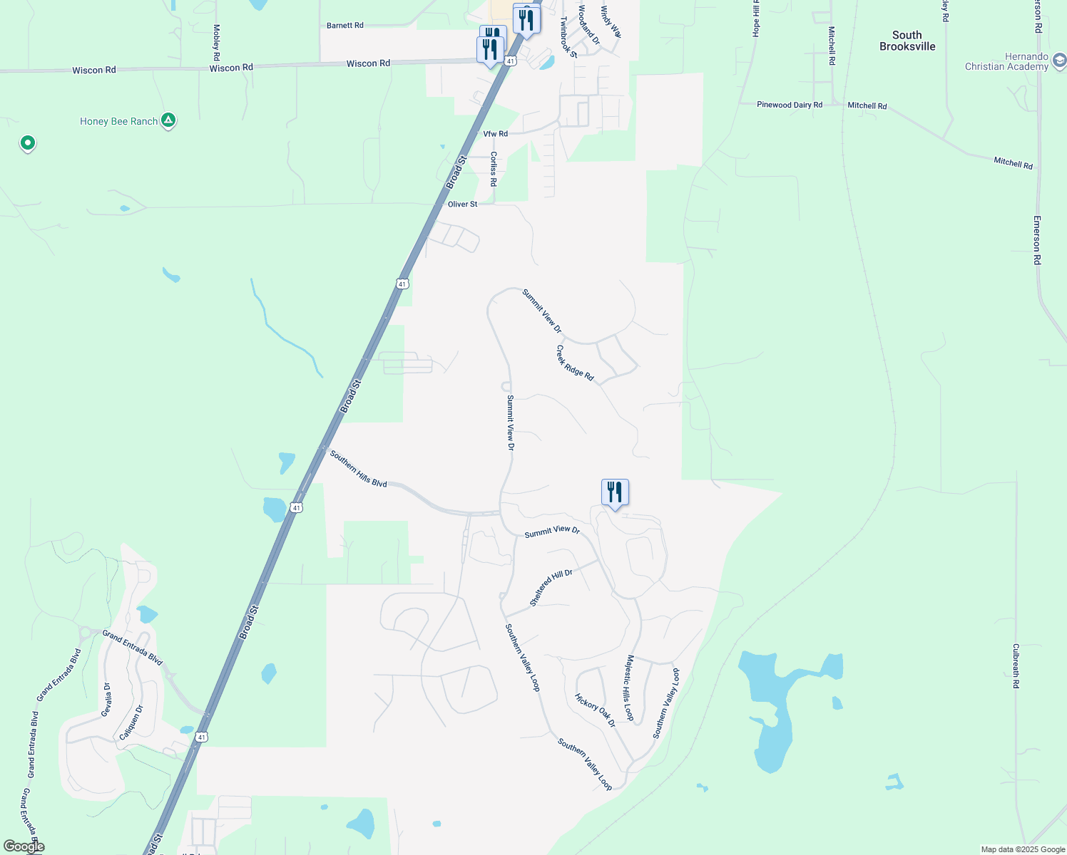 map of restaurants, bars, coffee shops, grocery stores, and more near 19529 Lily Pond Court in Brooksville