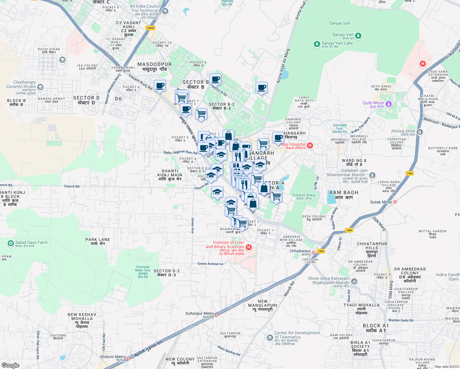 map of restaurants, bars, coffee shops, grocery stores, and more near Vasant Kunj Marg in New Delhi