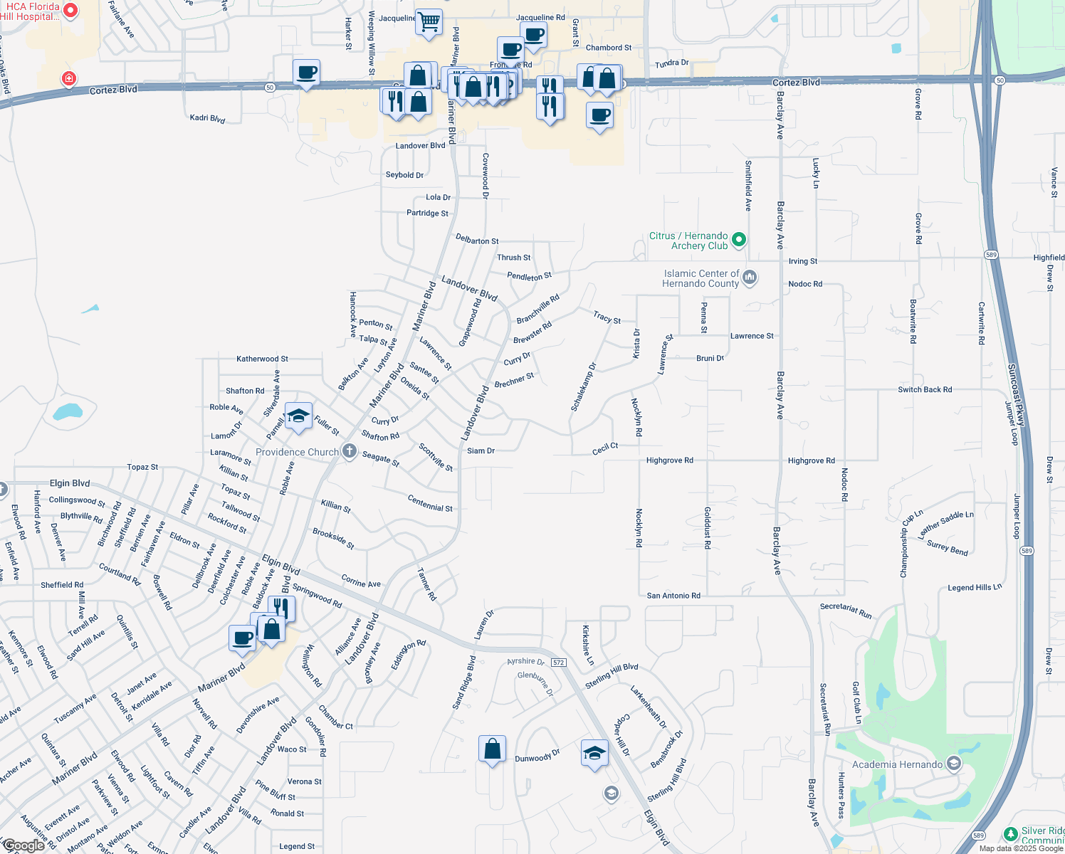 map of restaurants, bars, coffee shops, grocery stores, and more near 13272 Lawrence Street in Spring Hill