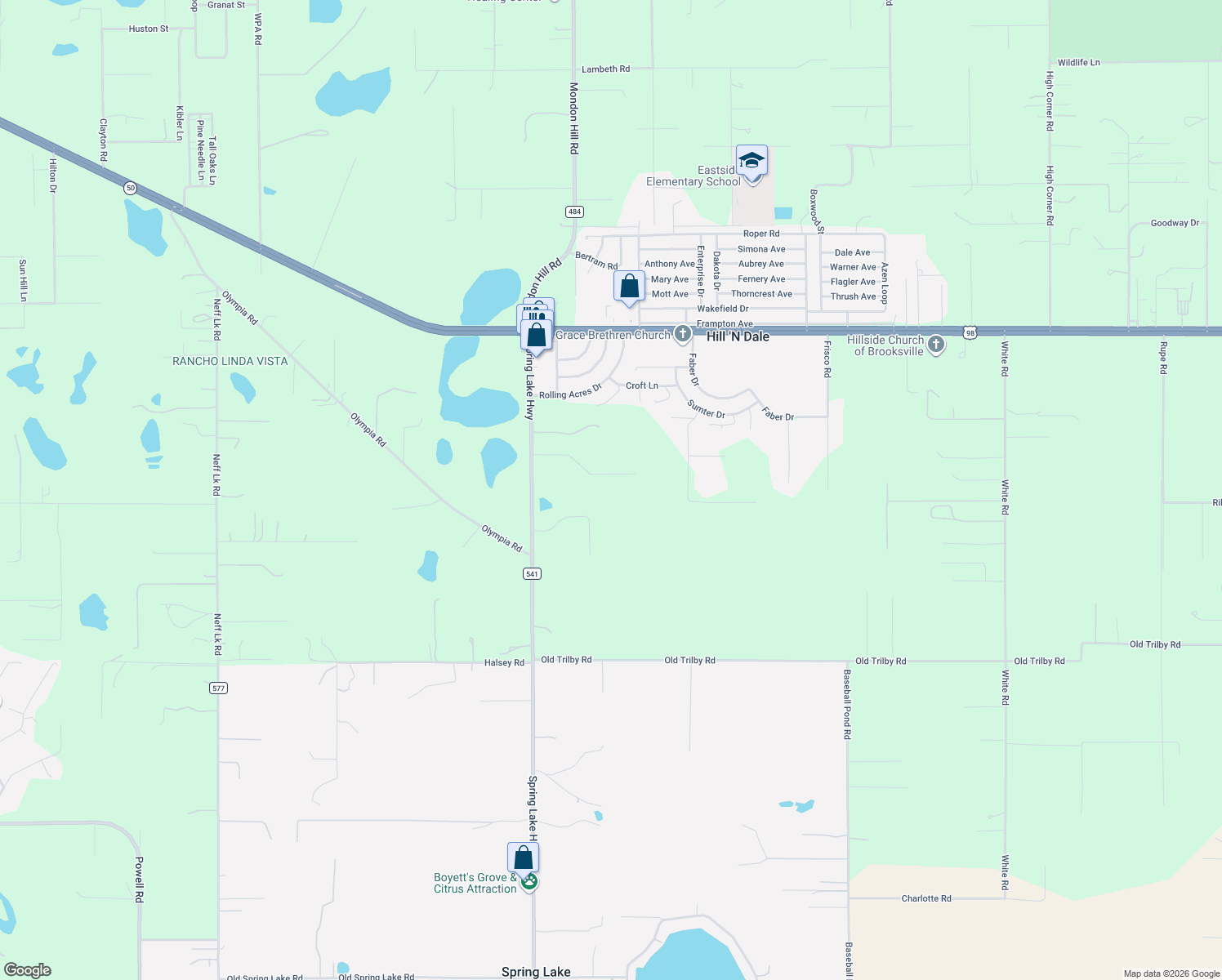 map of restaurants, bars, coffee shops, grocery stores, and more near 26348 Crooked Tree Lane in Brooksville