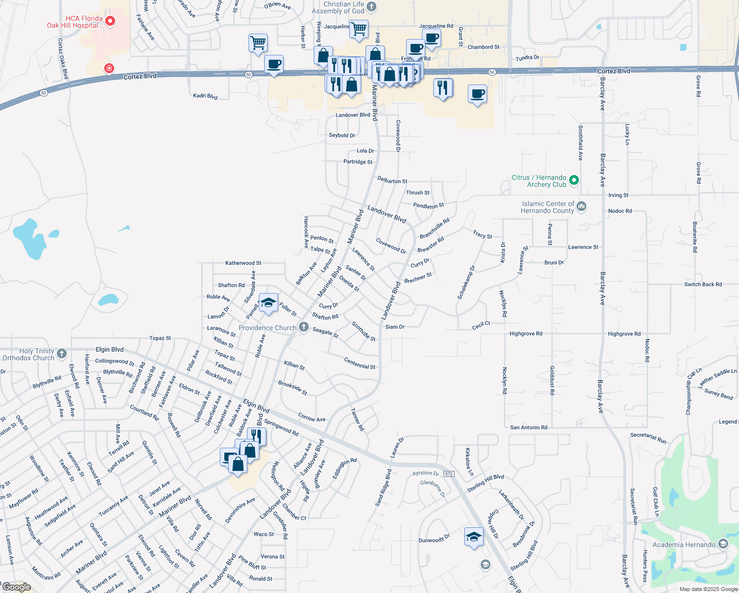 map of restaurants, bars, coffee shops, grocery stores, and more near 13033 Oneida Street in Spring Hill