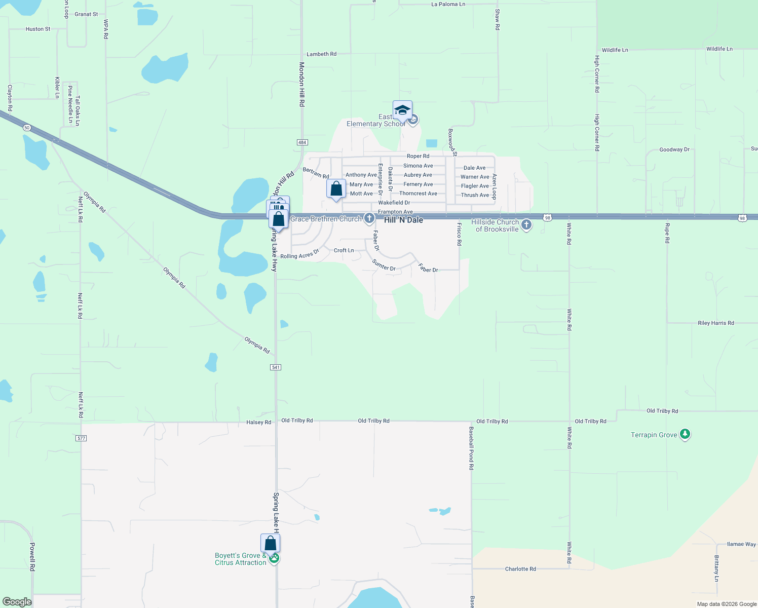 map of restaurants, bars, coffee shops, grocery stores, and more near 6132 Ivy Hill Lane in Brooksville