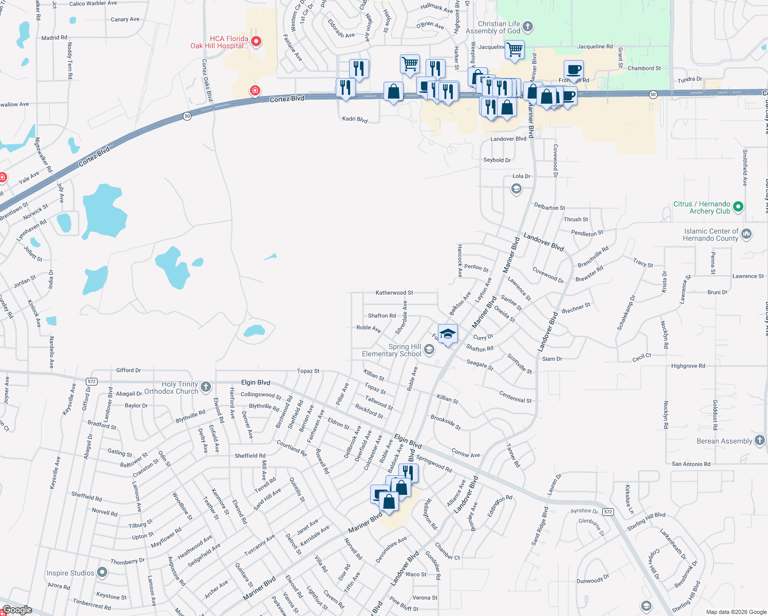 map of restaurants, bars, coffee shops, grocery stores, and more near 12168 Landfair Street in Spring Hill
